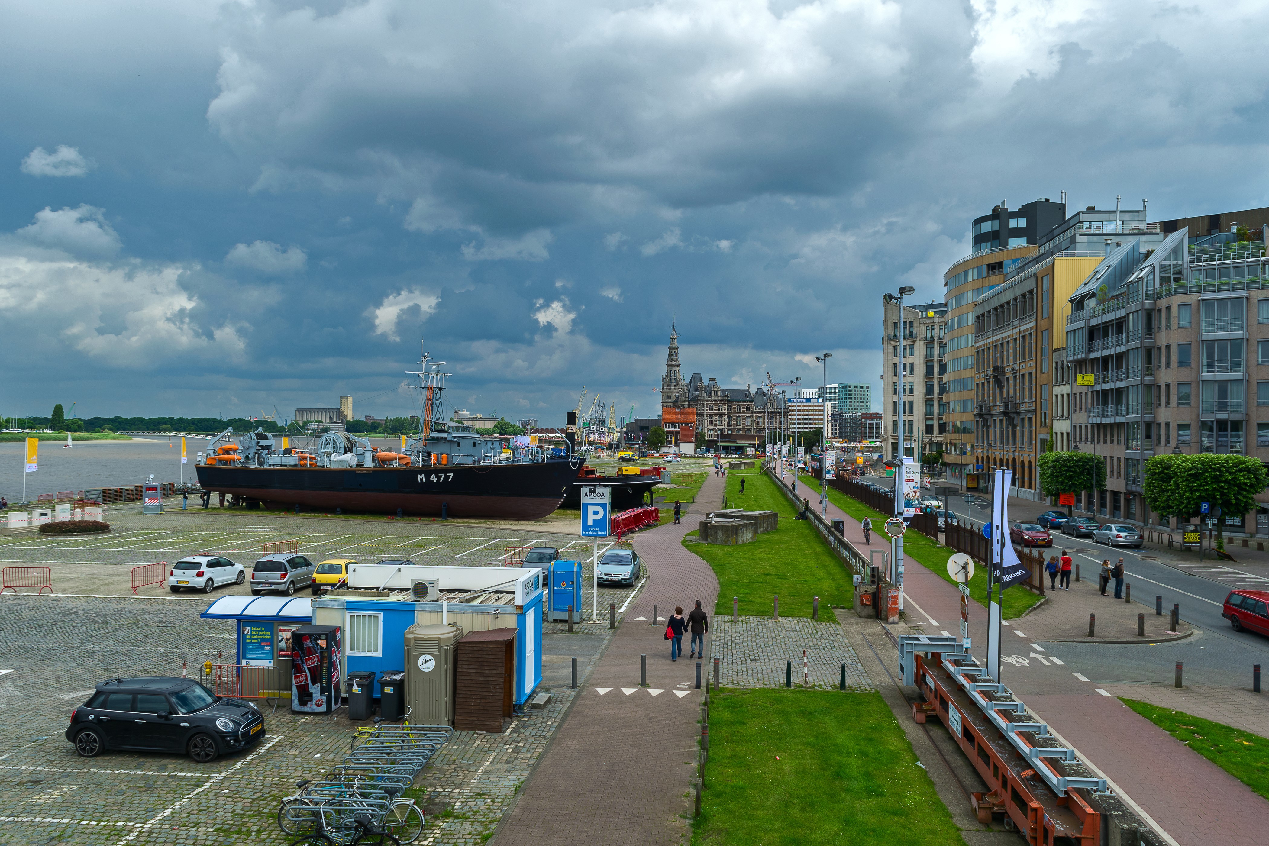 Antwerpen, Belgium: Ship and modern buildings by the water HD Wallpaper
