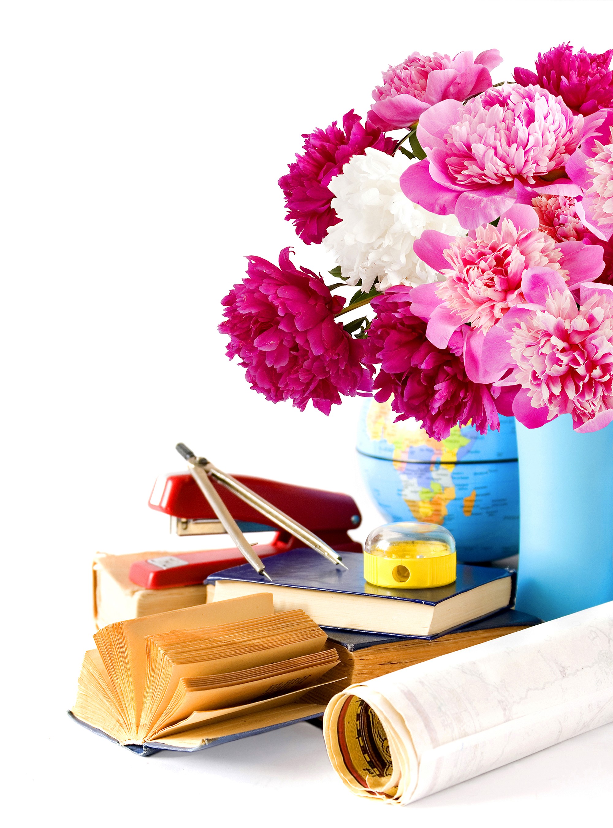 Bouquet of Peonies with School Supplies and Books HD Phone Wallpaper