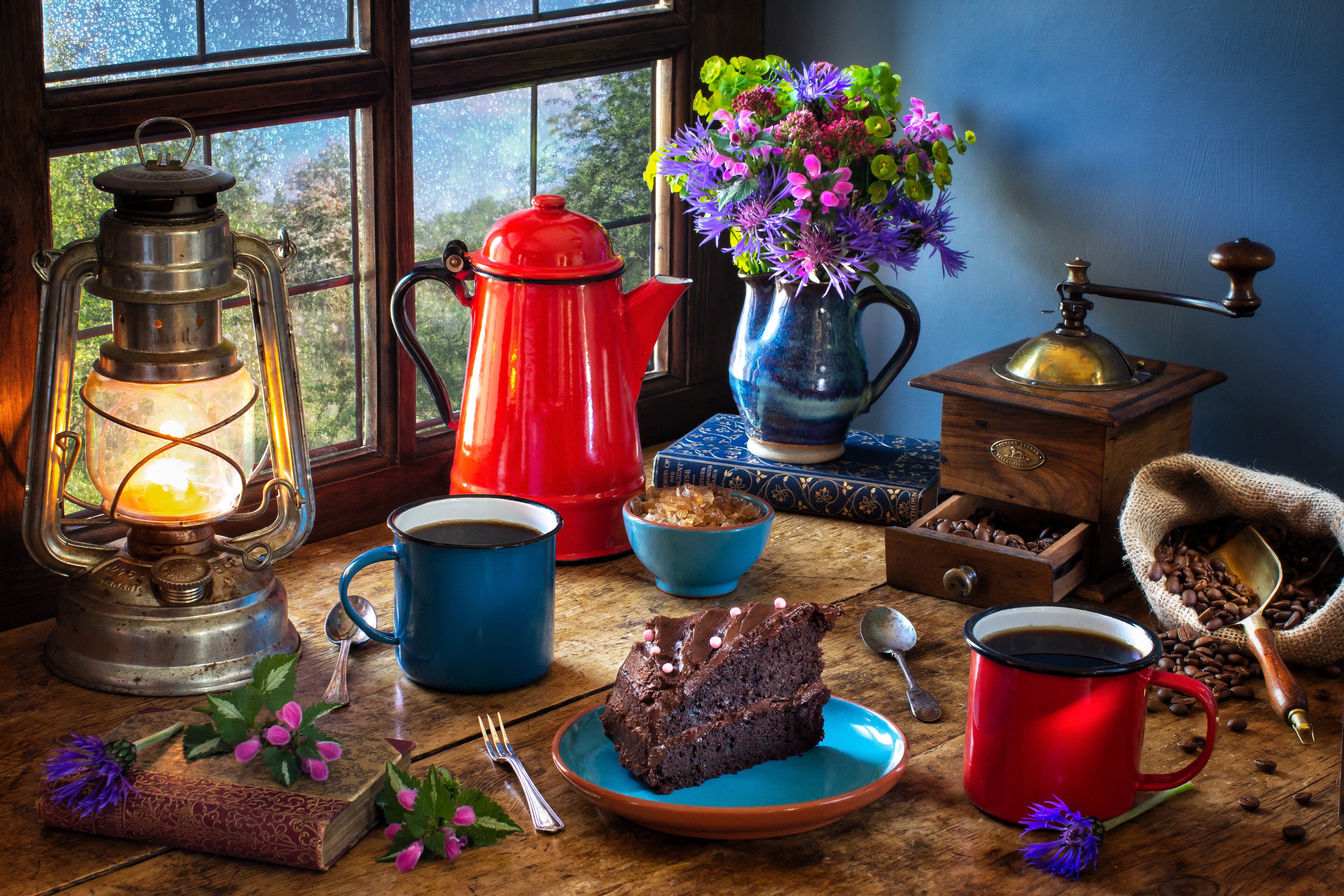 Still life with coffee, cake, and flowers HD Wallpaper