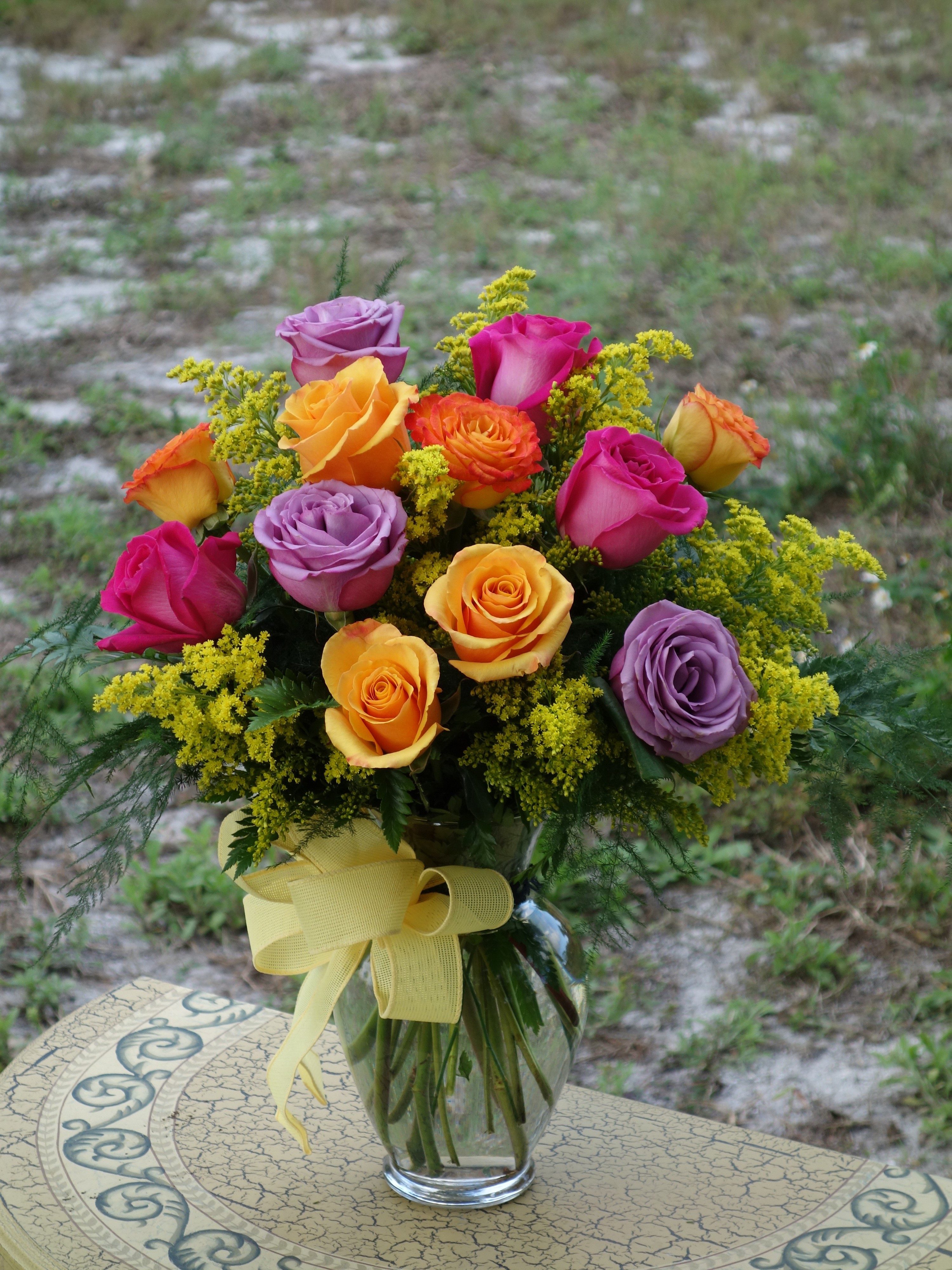 Colorful Roses in a Vase with Yellow Bow HD Phone Wallpaper