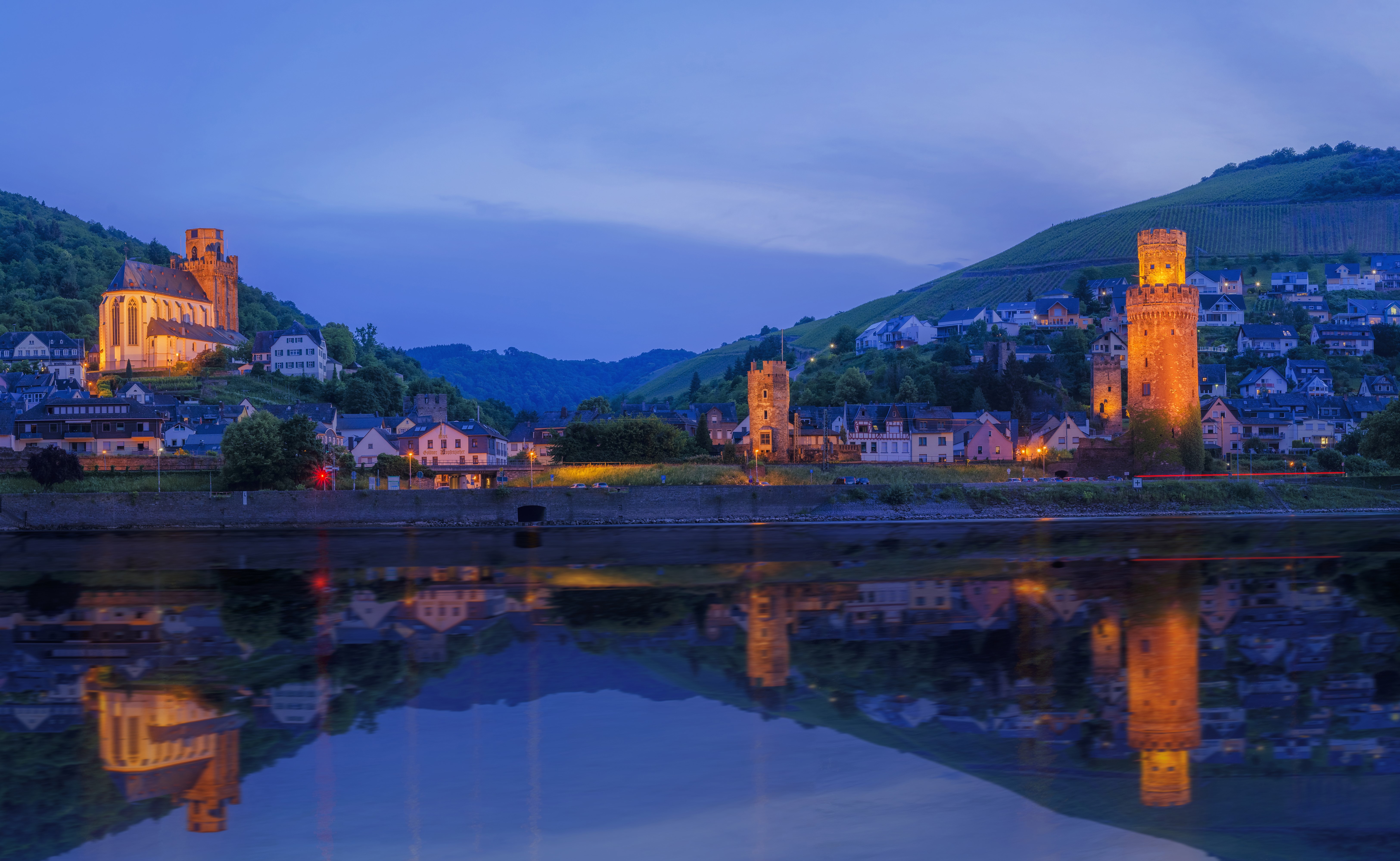 Oberwesel Germany River Houses and Towers at Dusk HD Wallpaper