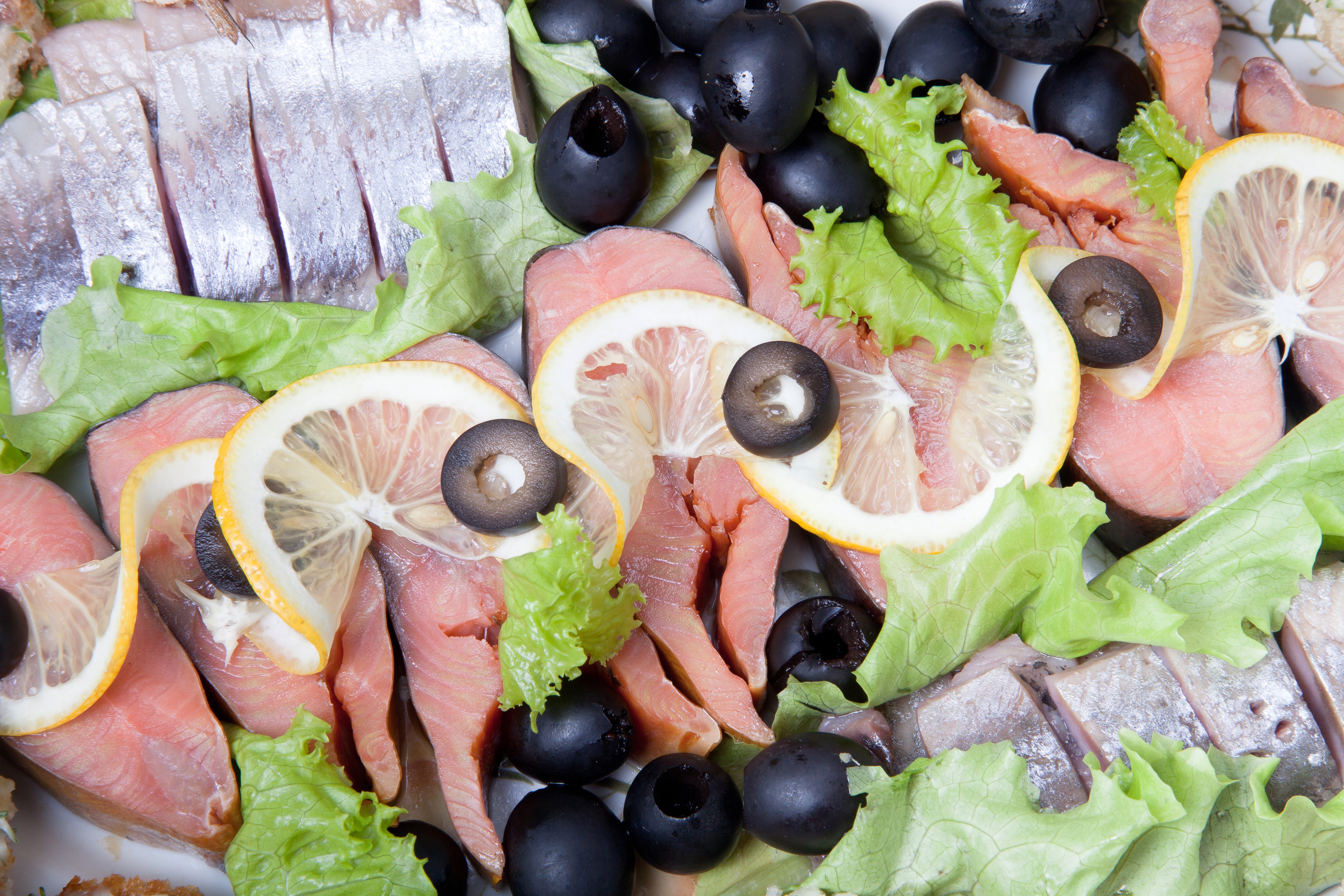 Seafood Platter with Salmon, Herring, Olives, and Lemon HD Wallpaper