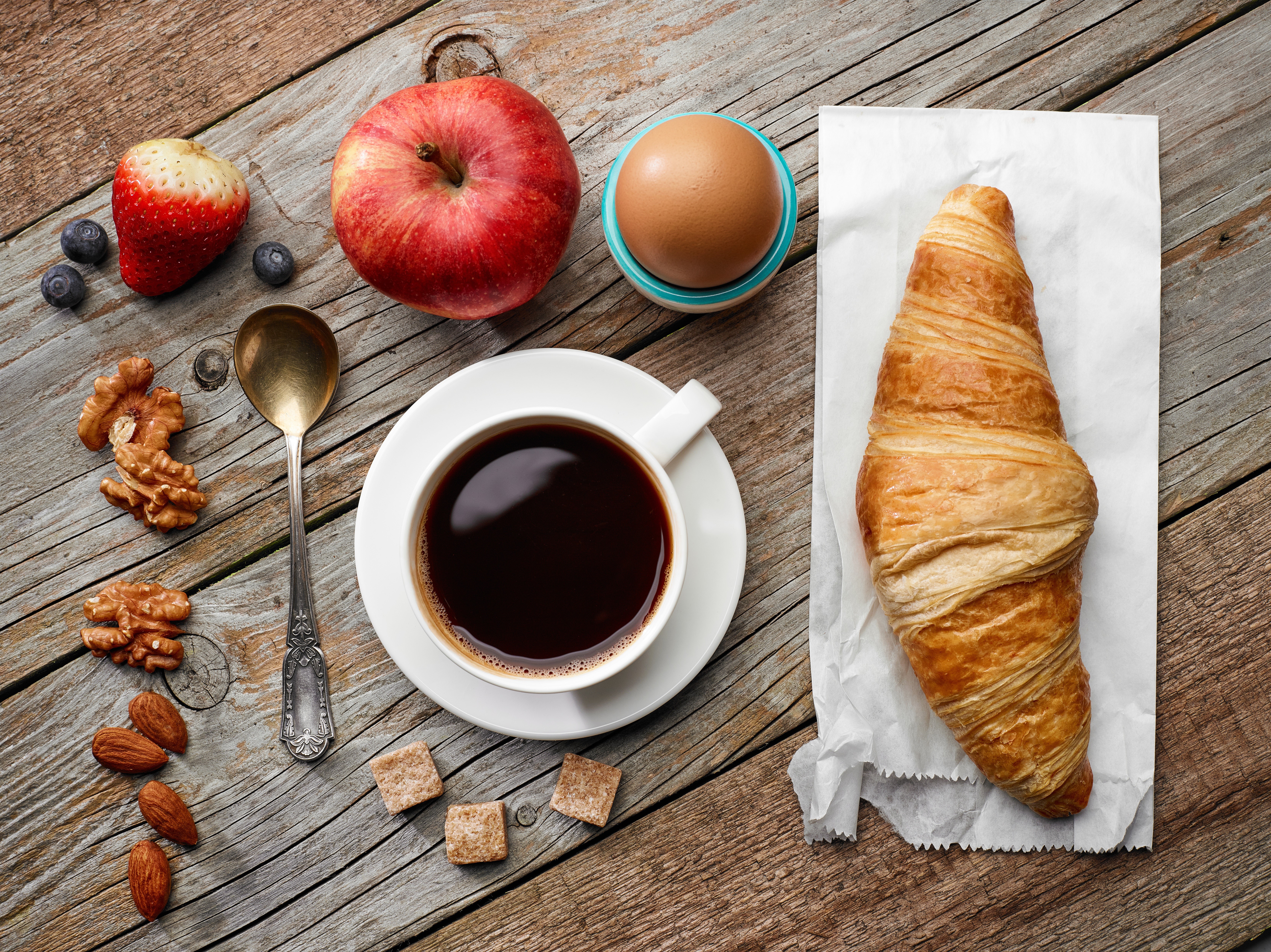 Breakfast with Coffee, Croissant, Apple, and Egg HD Wallpaper