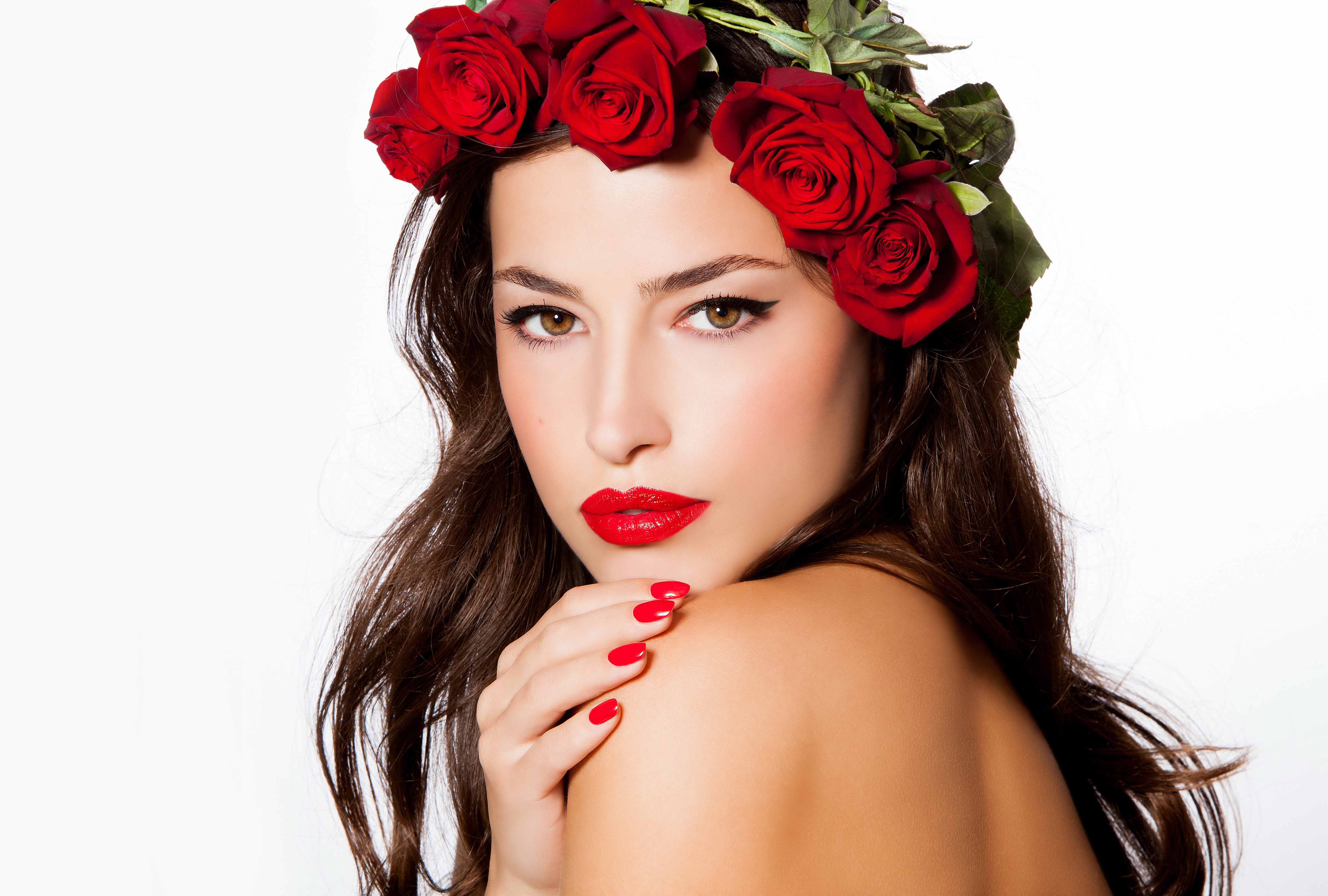 Woman with red roses and red lipstick HD Wallpaper