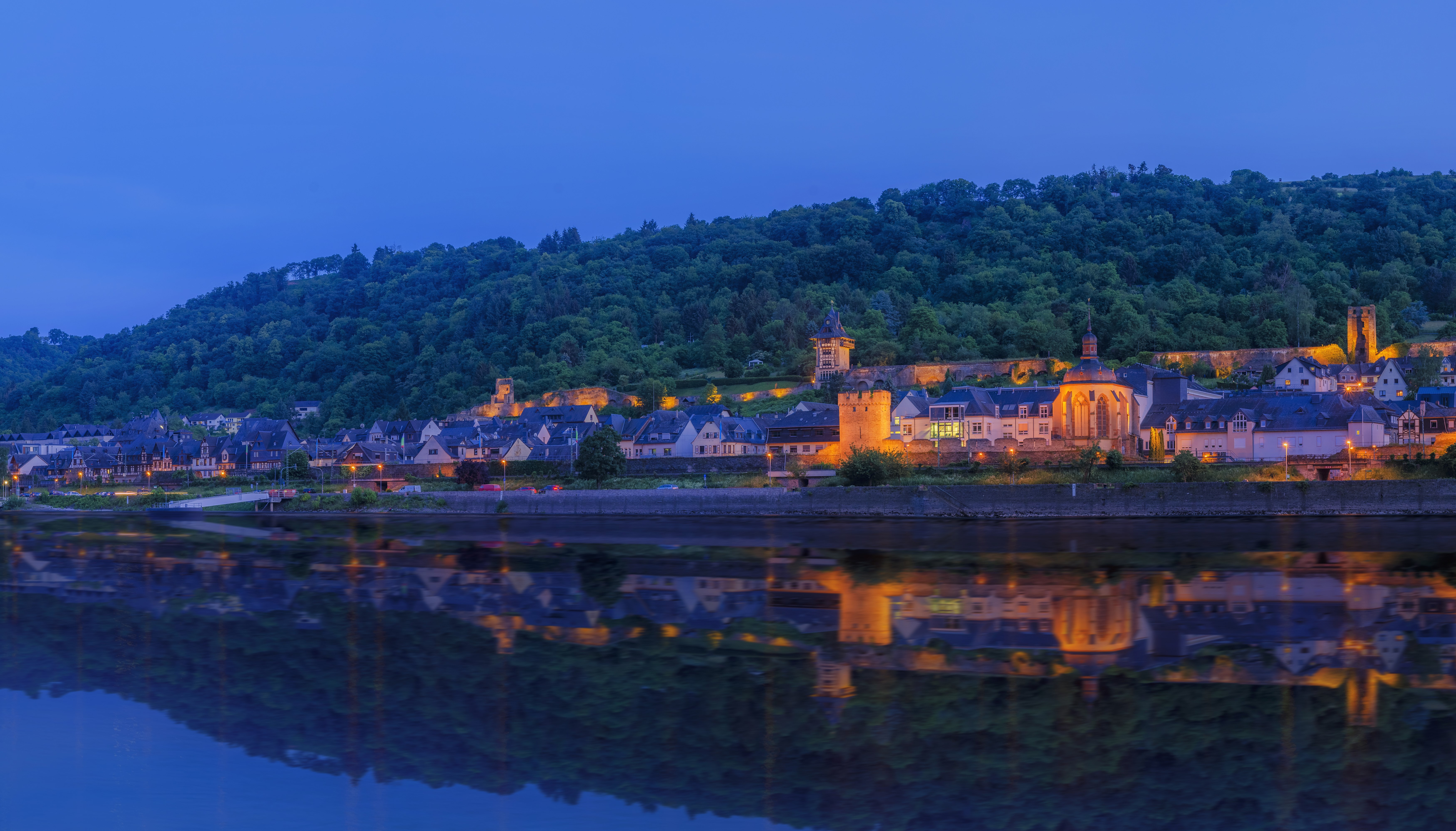 Oberwesel Germany Houses River Evening Forest HD Wallpaper