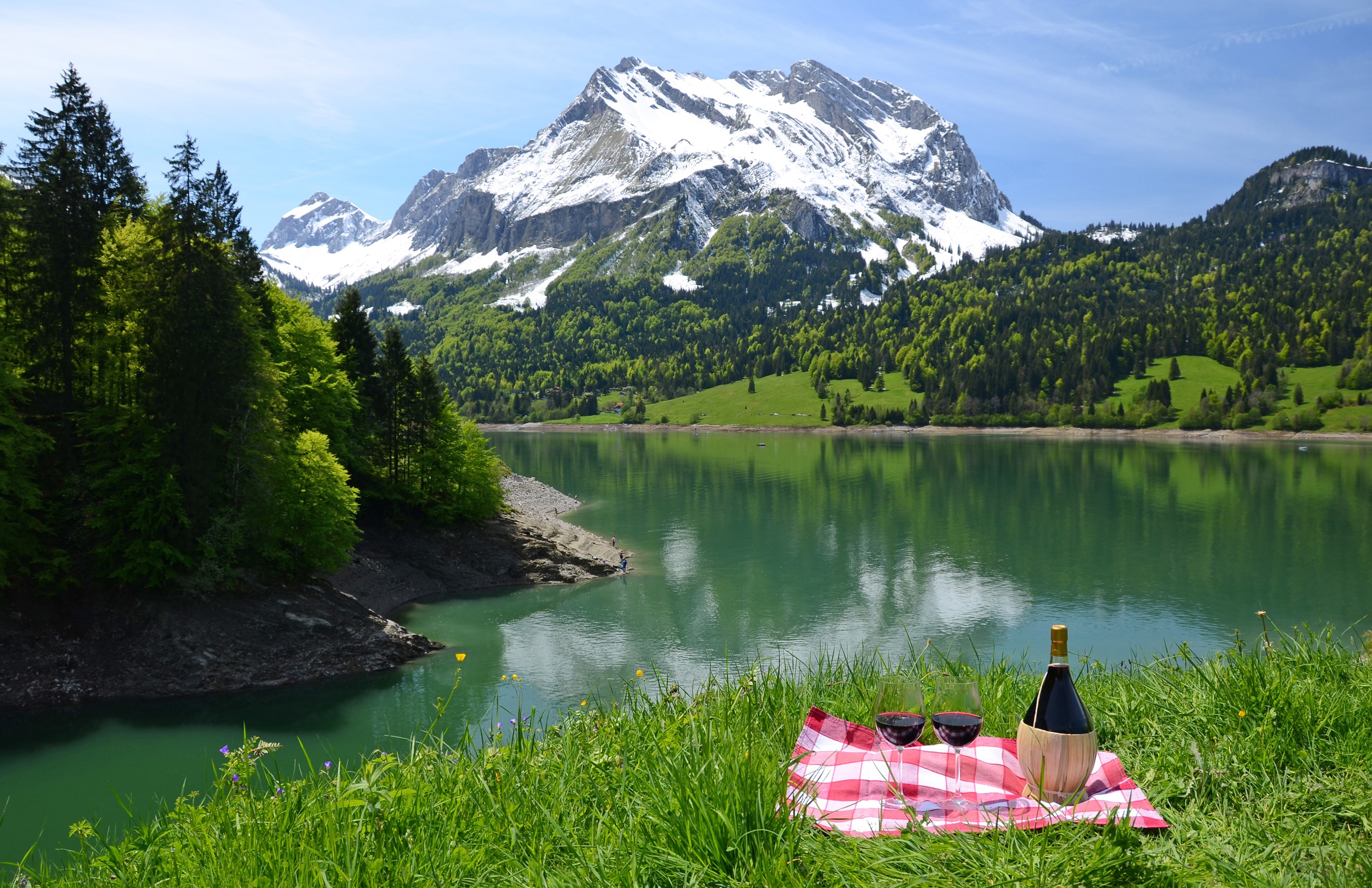 Picnic with wine by a lake with mountains HD Wallpaper