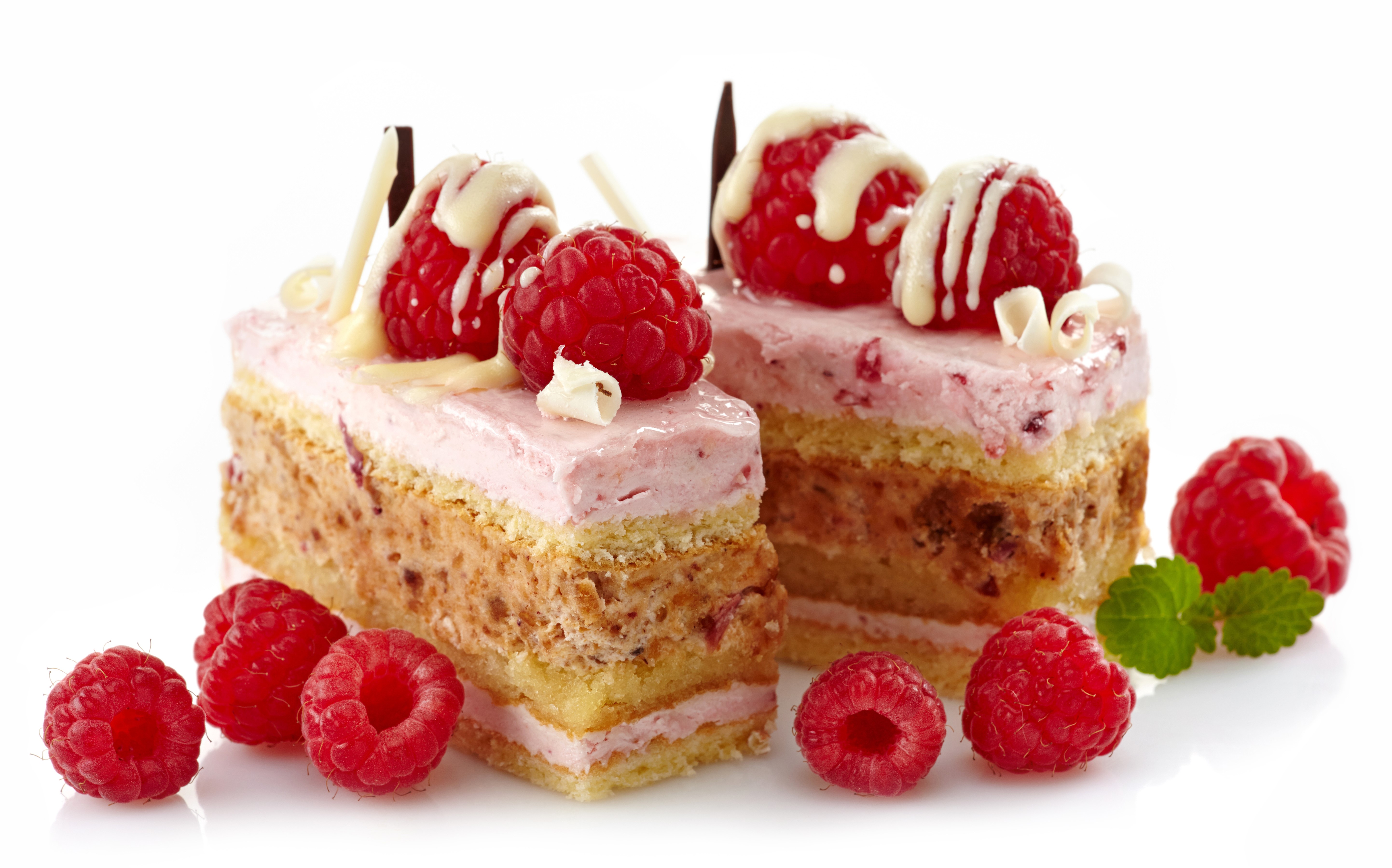 Two raspberry cakes with white chocolate and fresh raspberries HD Wallpaper
