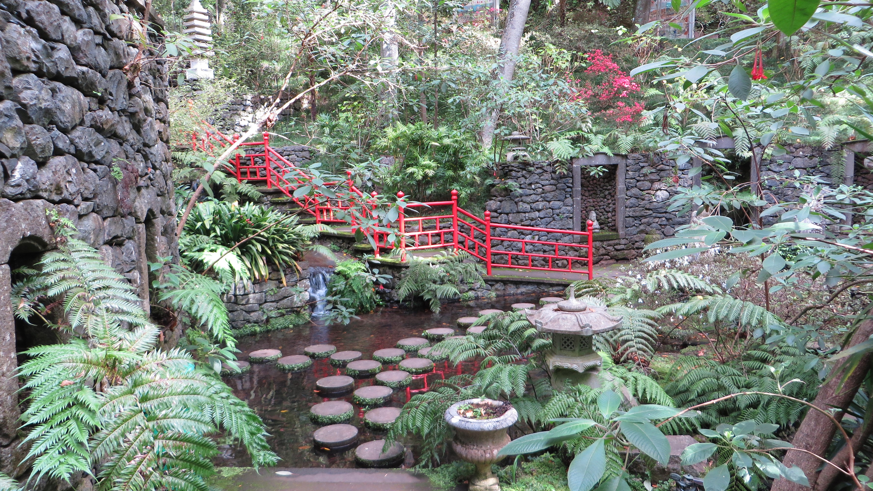 Japanese Garden with Red Bridge and Pond HD Wallpaper