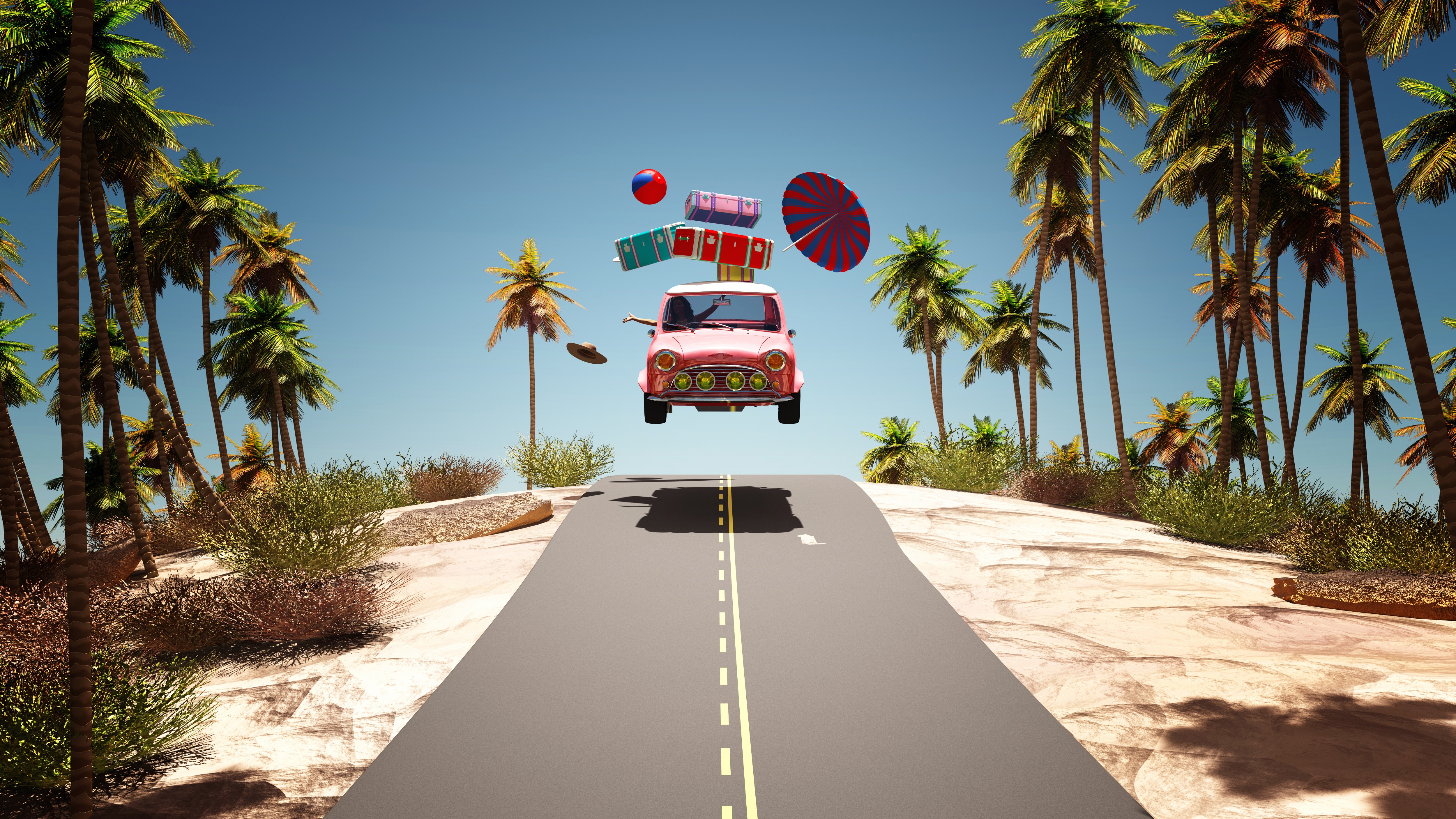 Pink car with luggage flying over a road with palm trees HD Wallpaper
