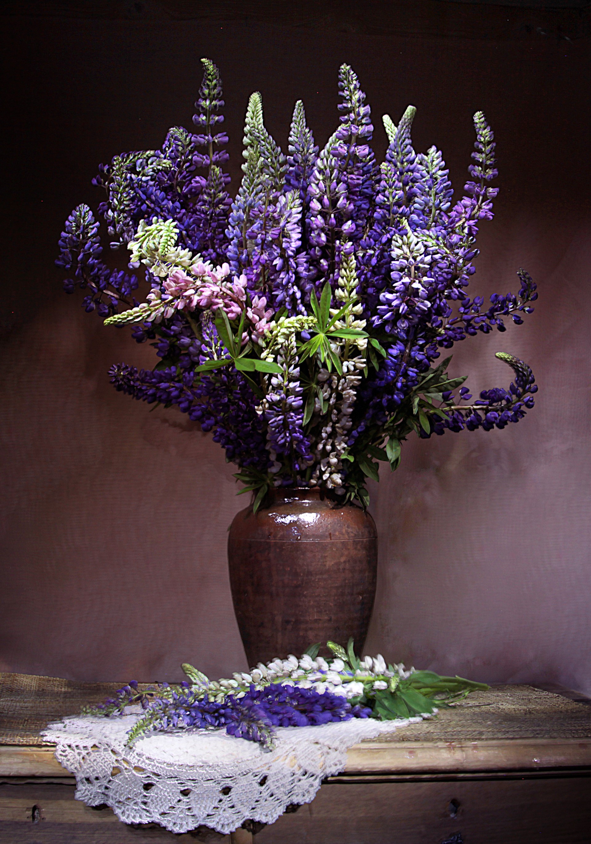 Bouquet of Lupinus flowers in a vase HD Phone Wallpaper