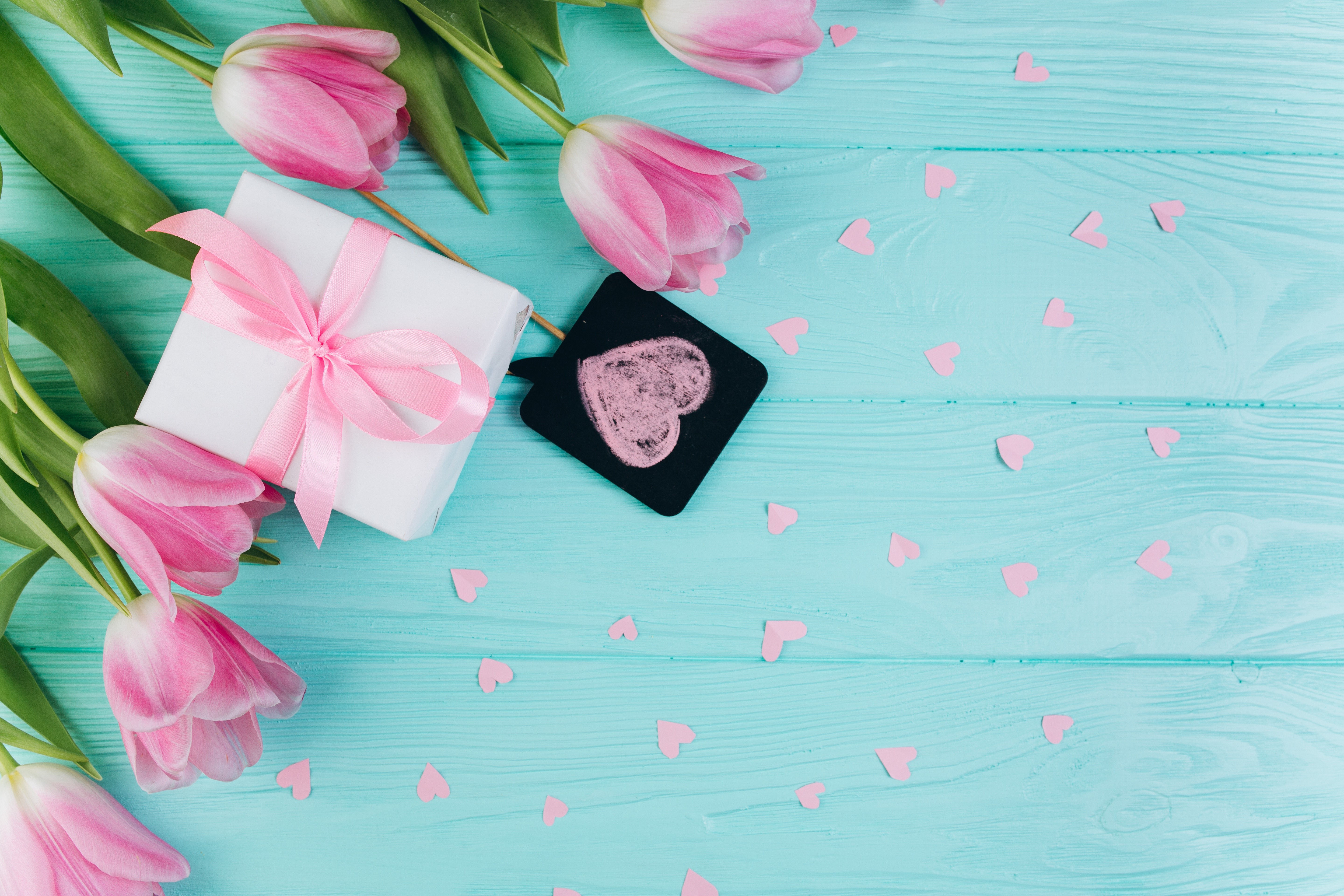 Pink Tulips and Gift Box with Heart HD Wallpaper