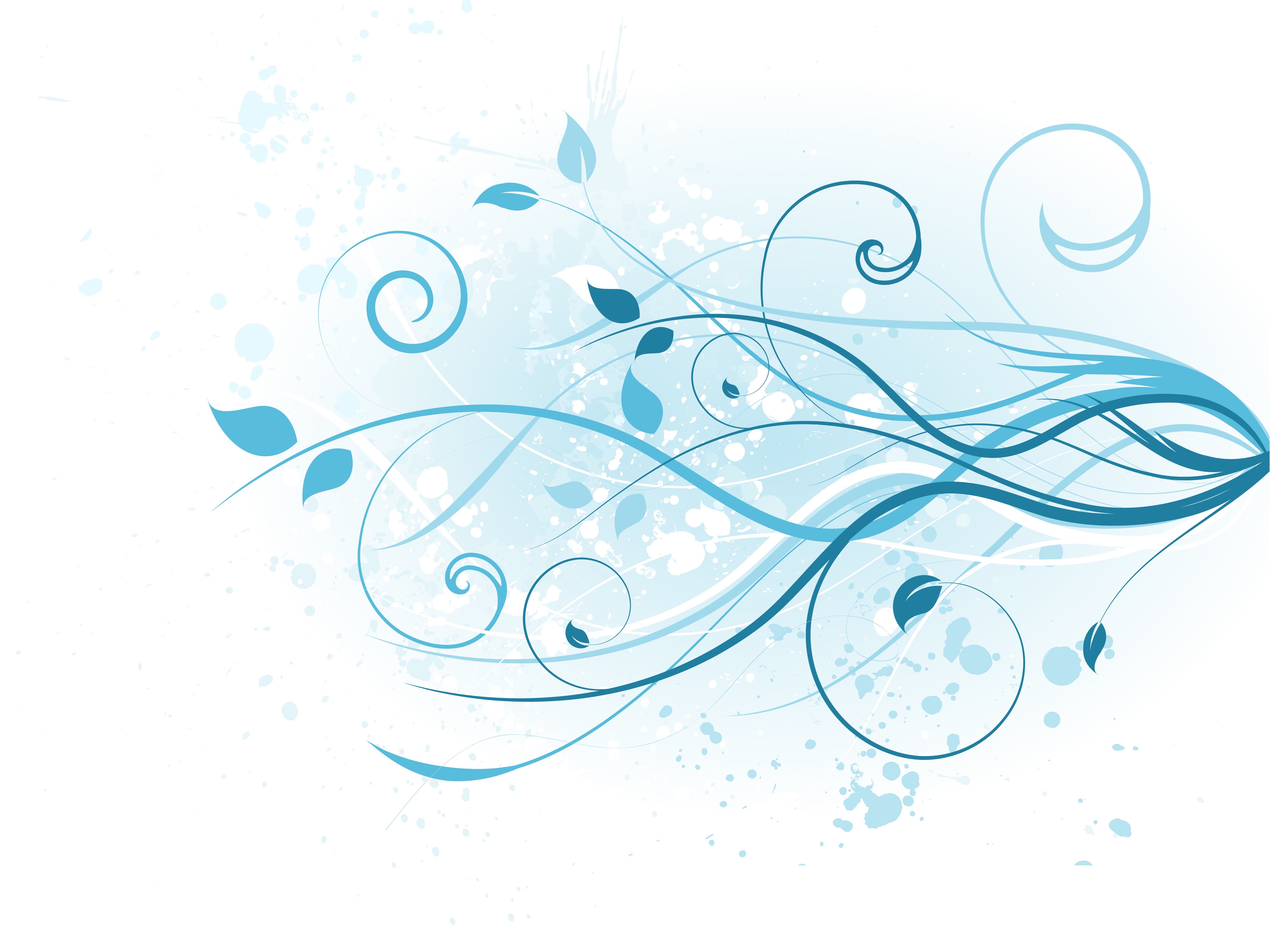 Blue floral swirls and splatters on white background HD Wallpaper