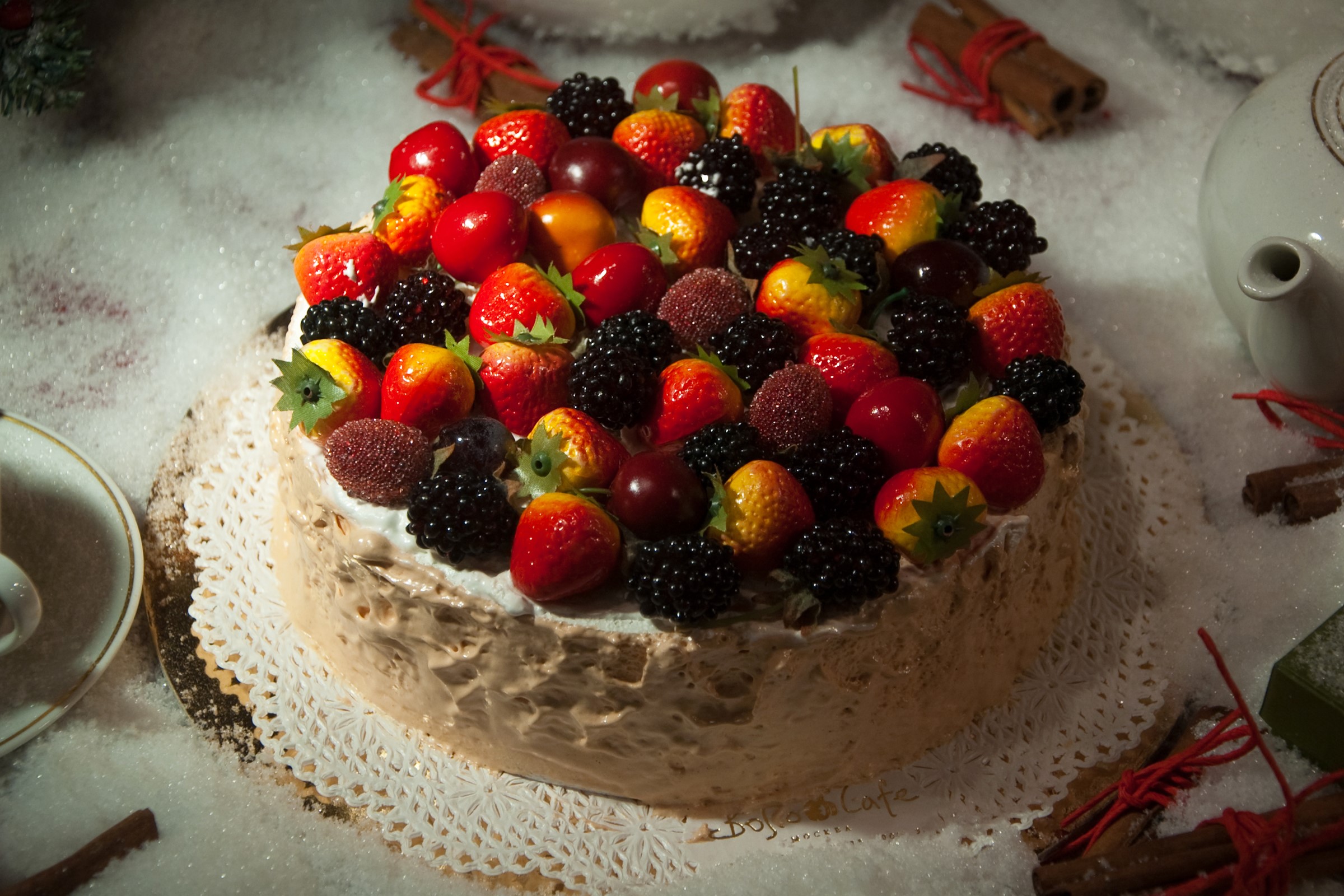 Cake with assorted berries and cinnamon sticks HD Wallpaper