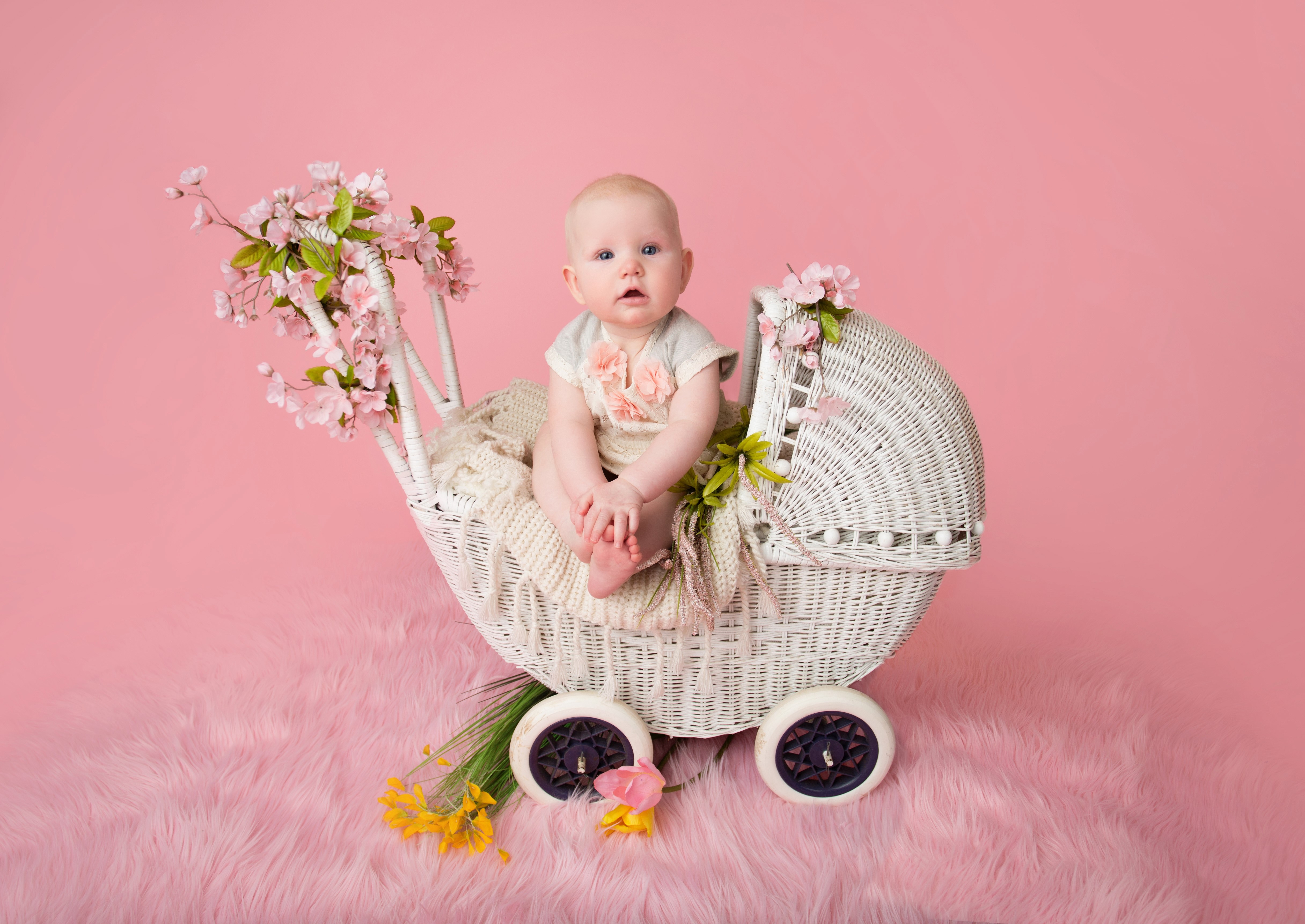 Baby in a vintage pram with flowers HD Wallpaper