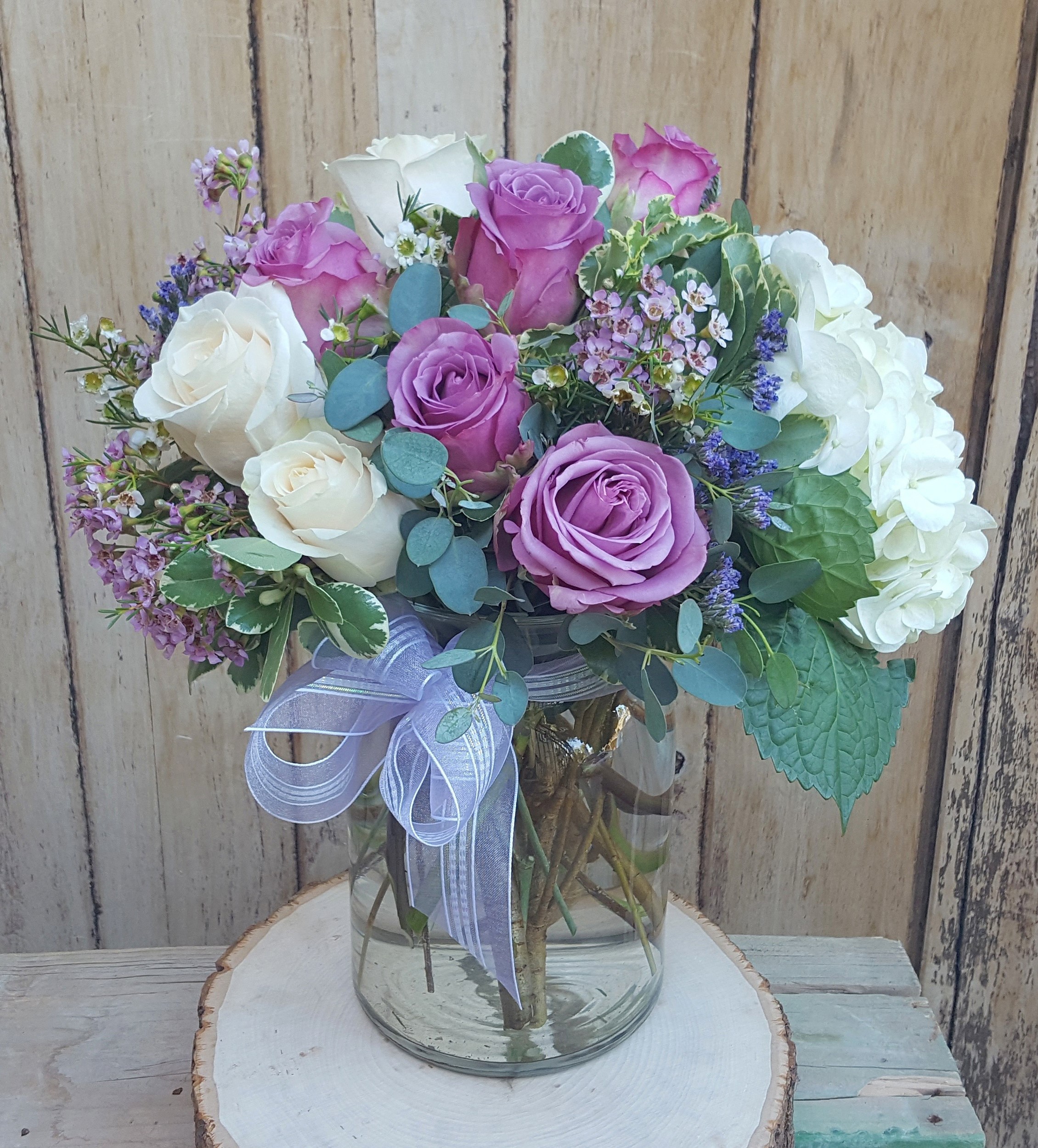 Purple and White Roses and Hydrangea Bouquet with Bow HD Wallpaper