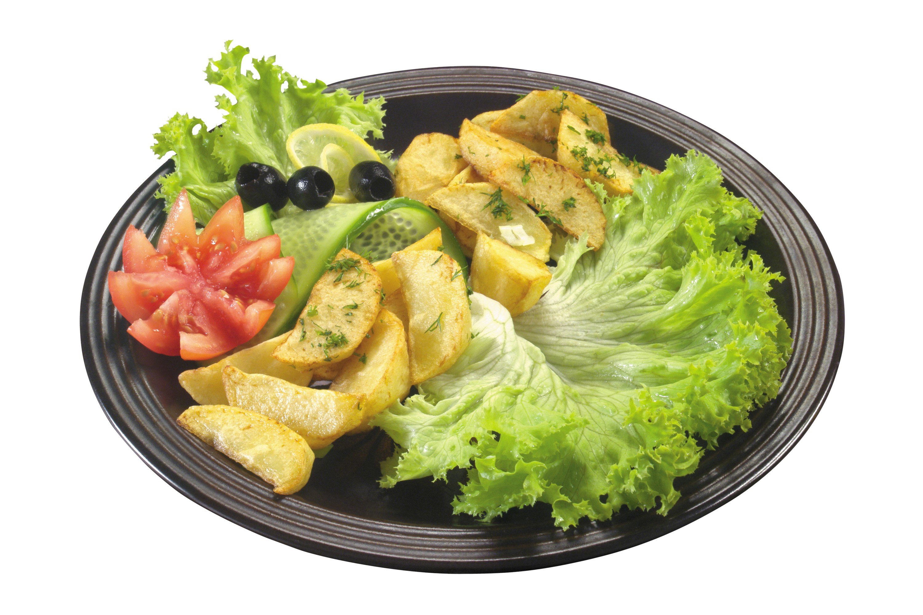 Plate of potato wedges with salad and olives HD Wallpaper