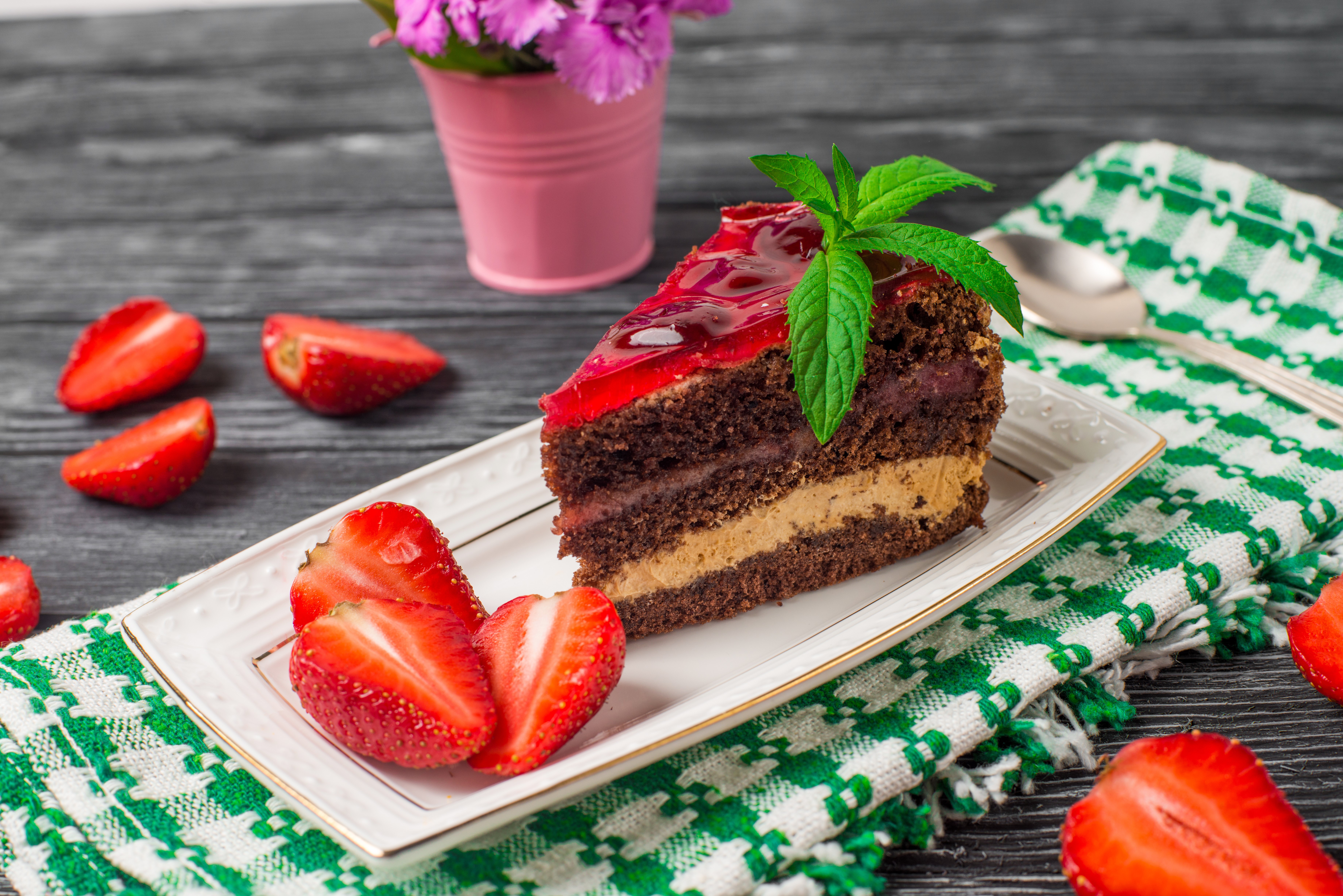 Slice of Chocolate Strawberry Cake with Mint HD Wallpaper