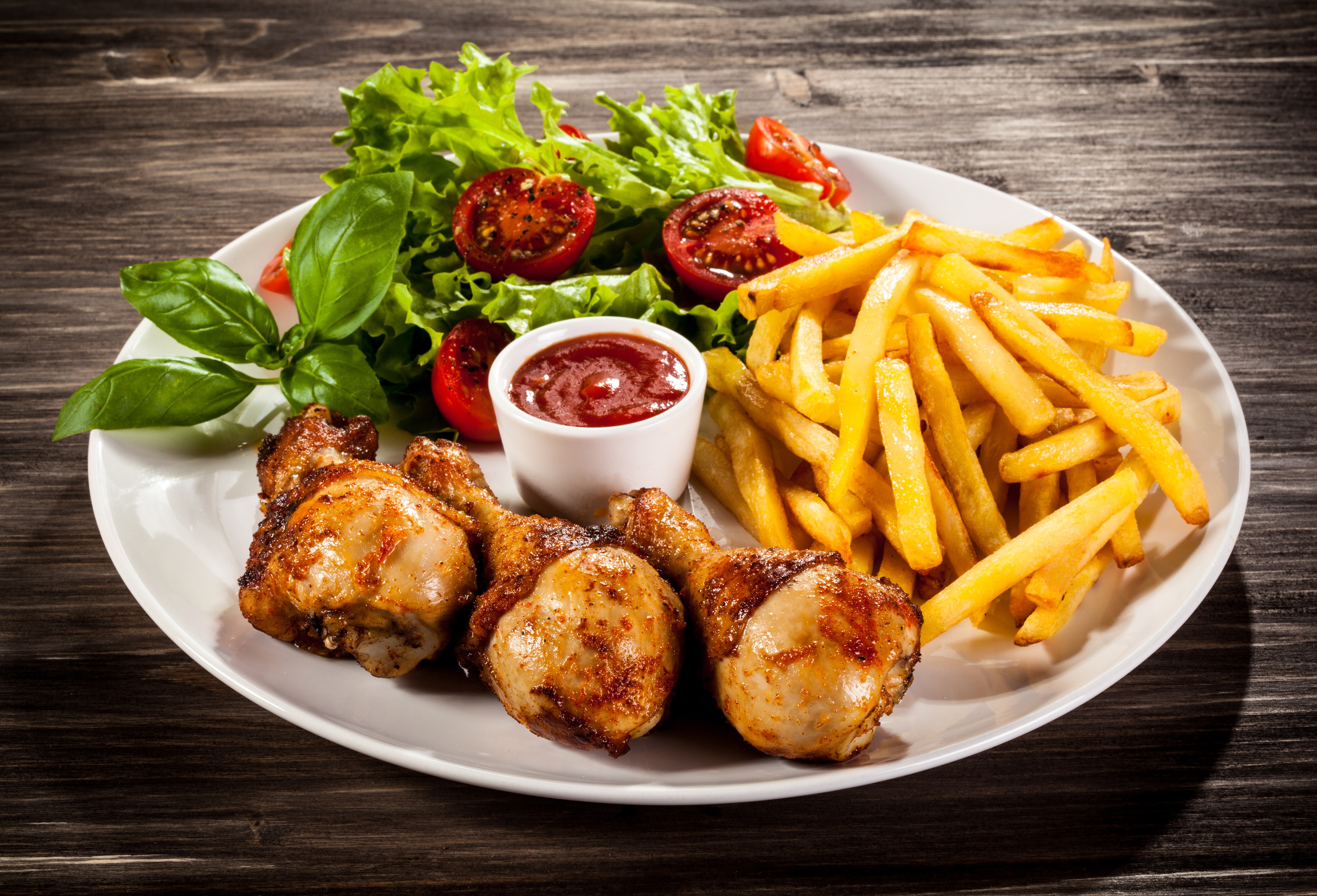 Roast Chicken with Fries and Salad HD Wallpaper