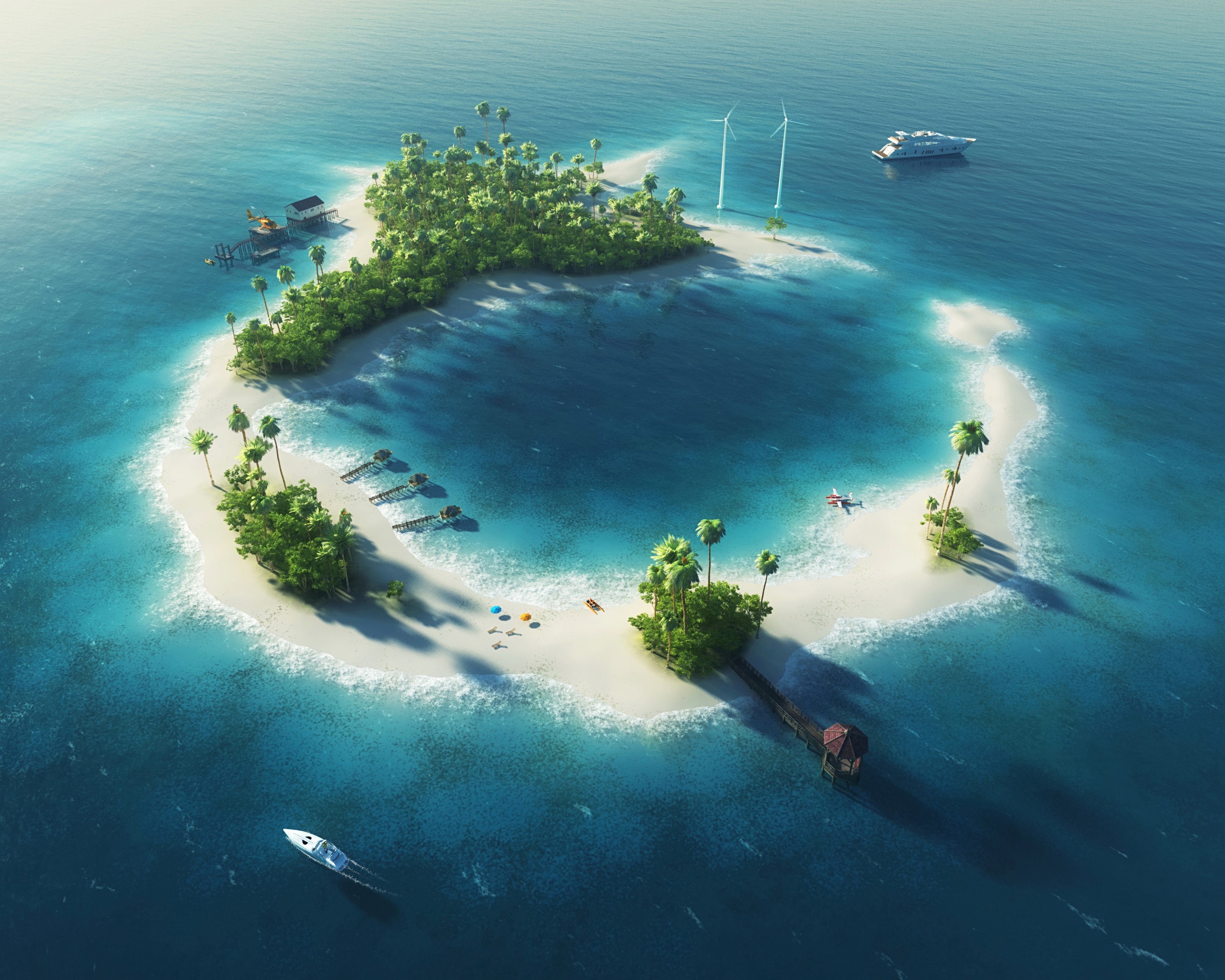 Tropical island with boats, wind turbines, and a yacht HD Wallpaper