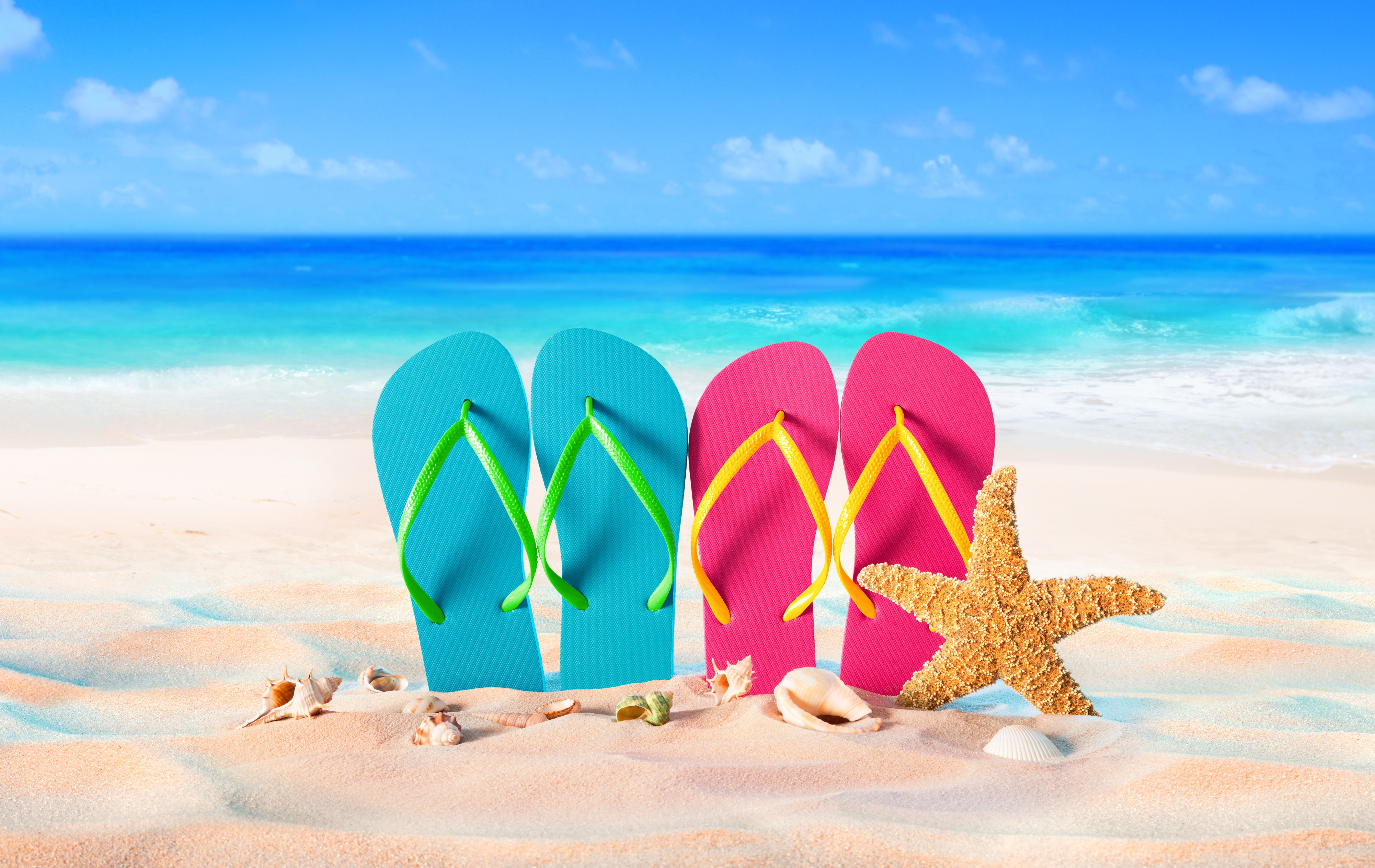 Starfish and Flip-flops on a Beach HD Wallpaper