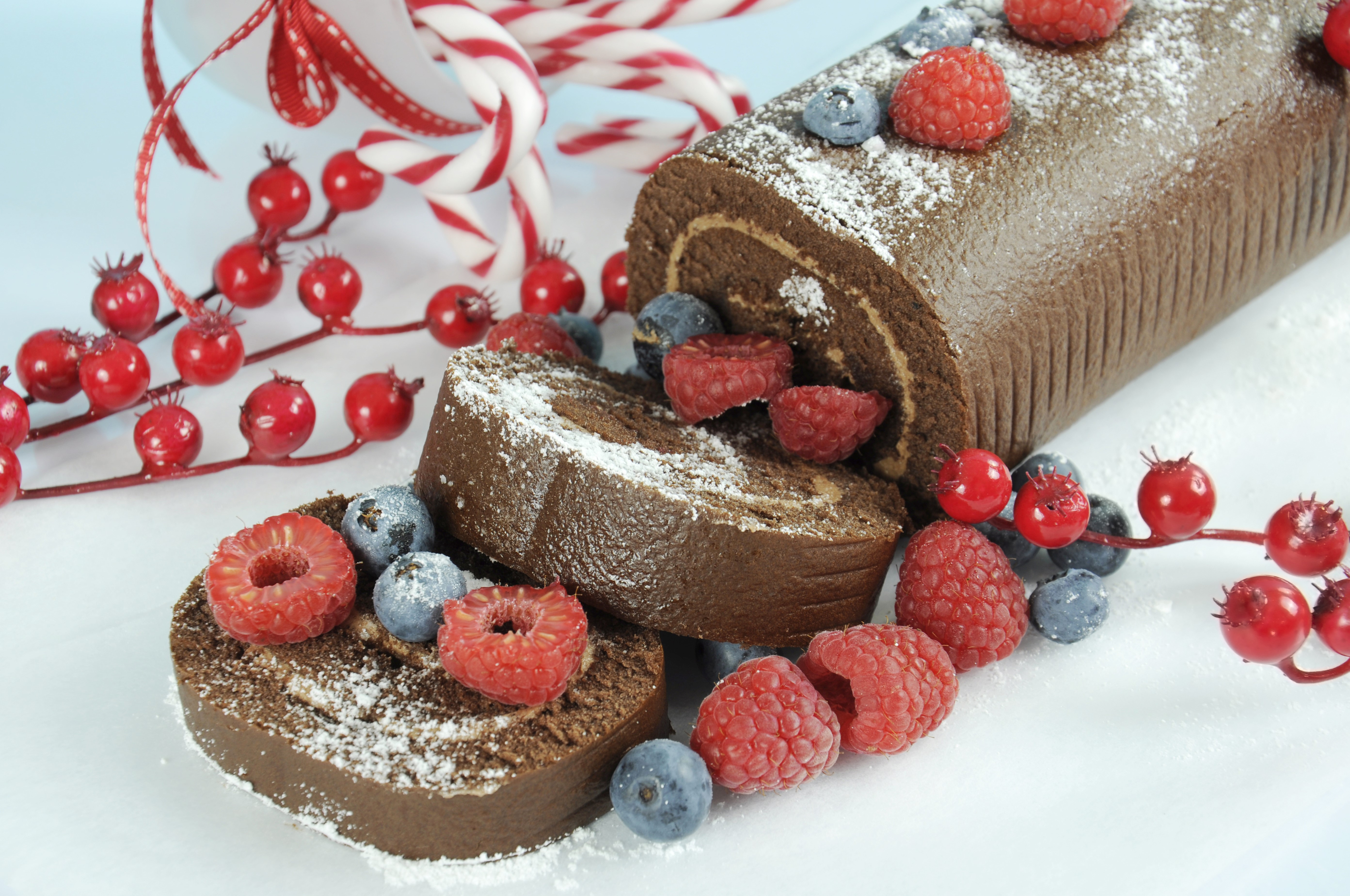 Chocolate Swiss Roll with Raspberries and Blueberries HD Wallpaper
