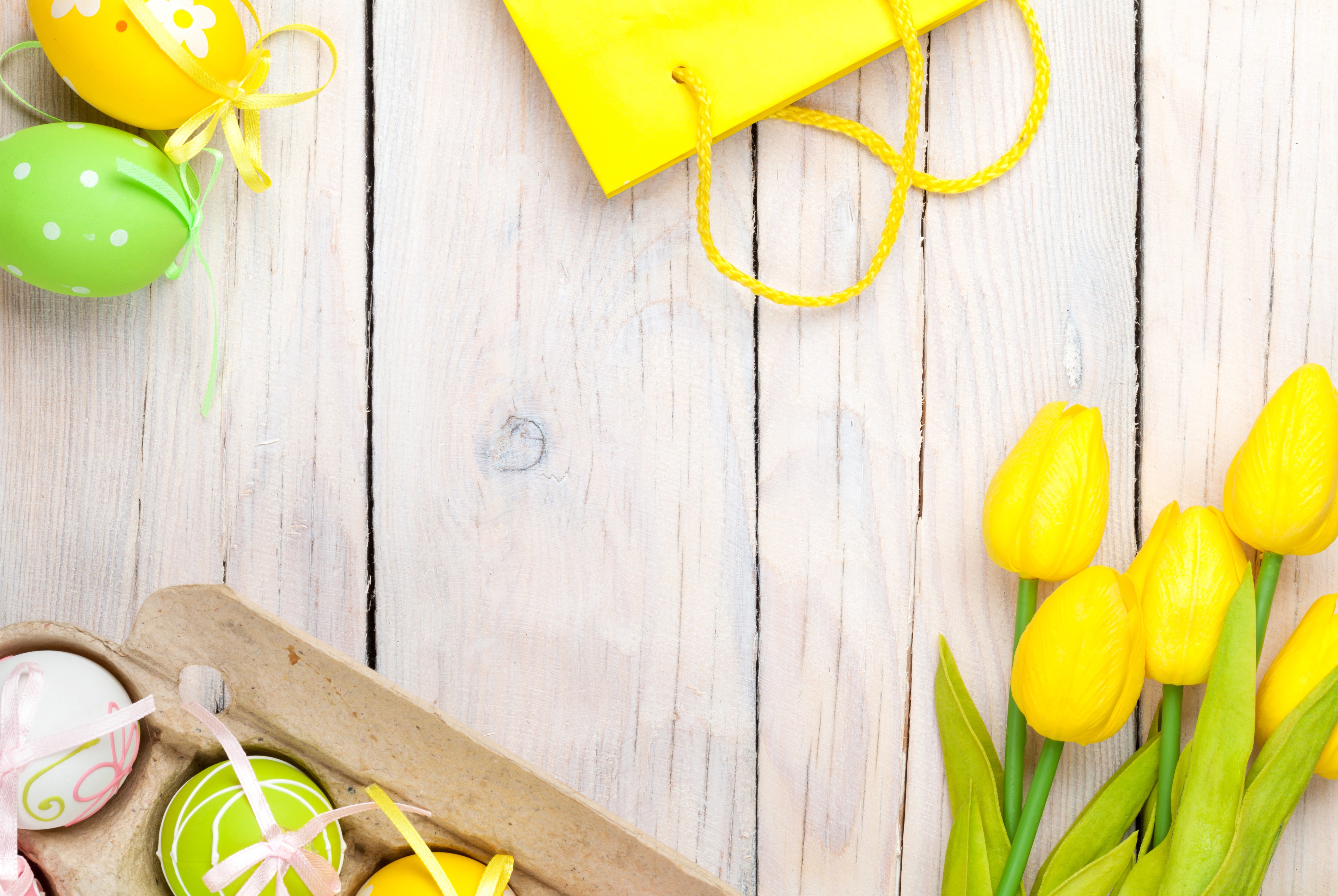 Easter Tulips and Eggs on Wooden Background HD Wallpaper