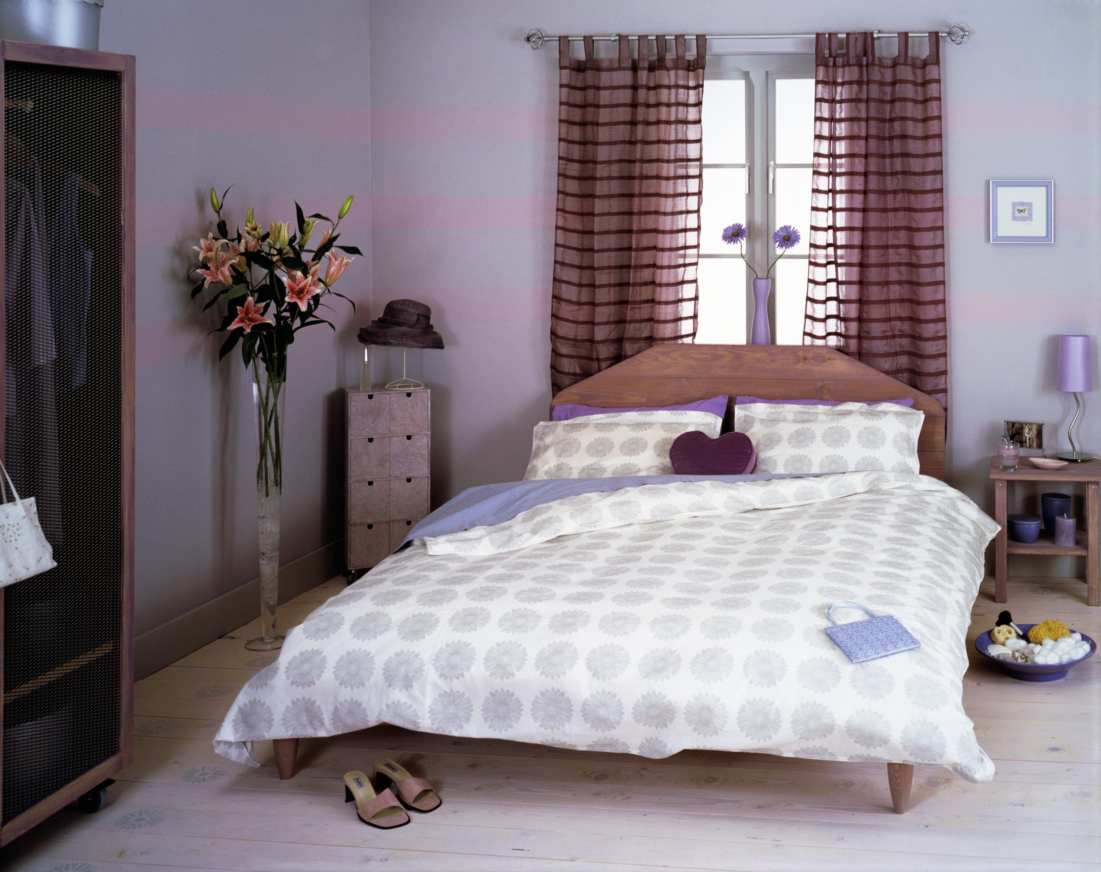 Bedroom interior with bed, curtains, and wardrobe HD Wallpaper