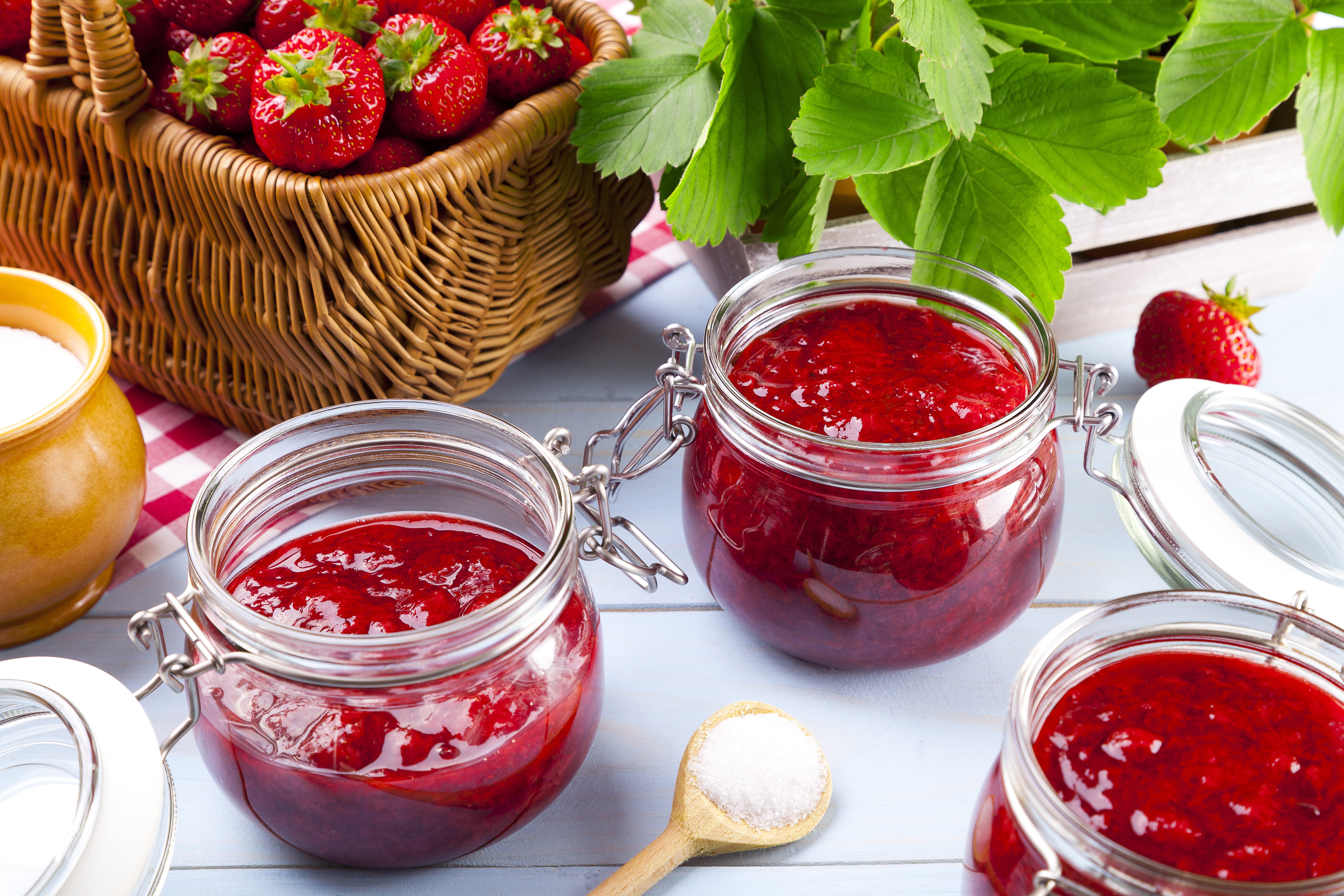 Strawberry Jam in Jars with Fresh Strawberries HD Wallpaper