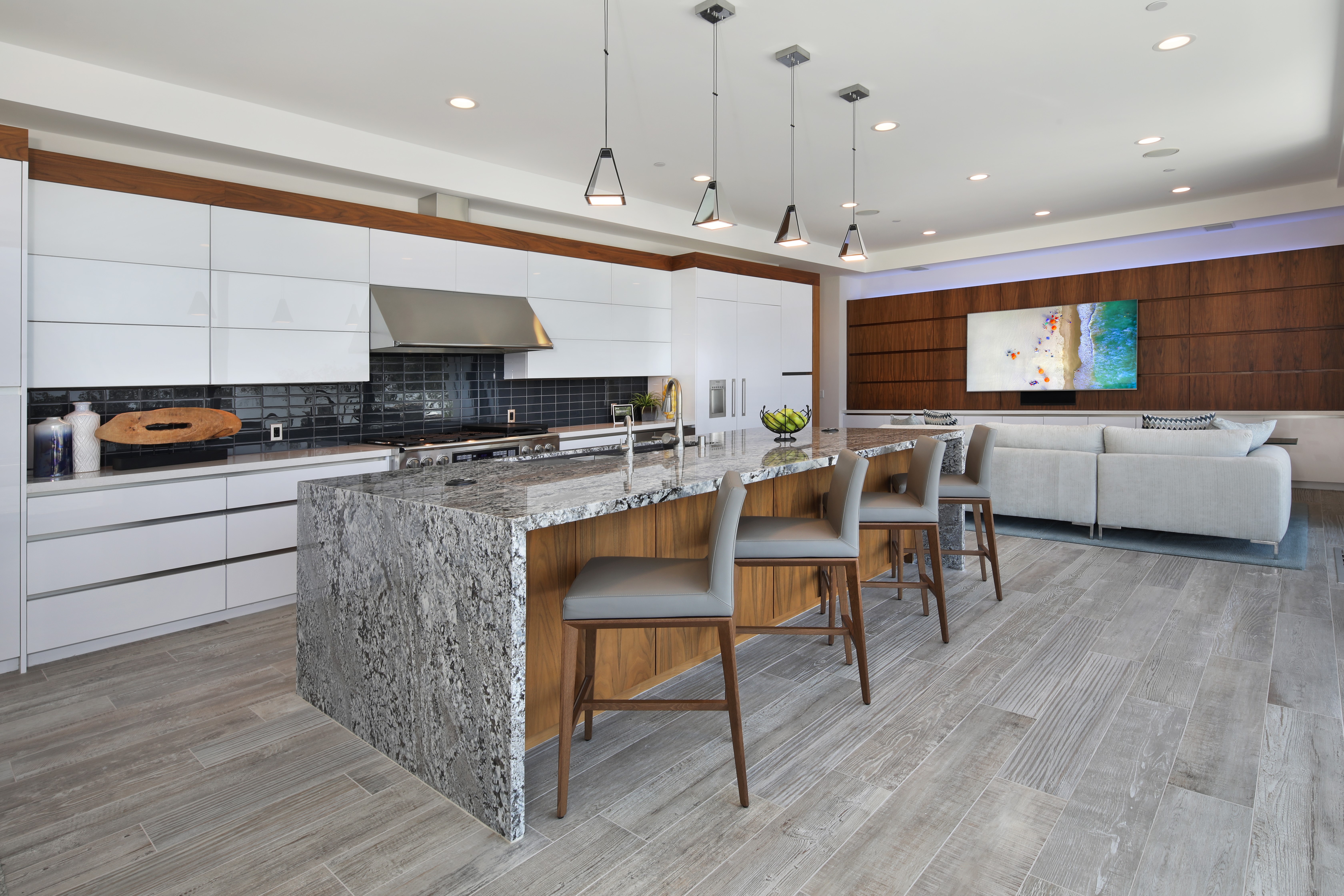 Modern Kitchen and Living Area with Island and TV HD Wallpaper