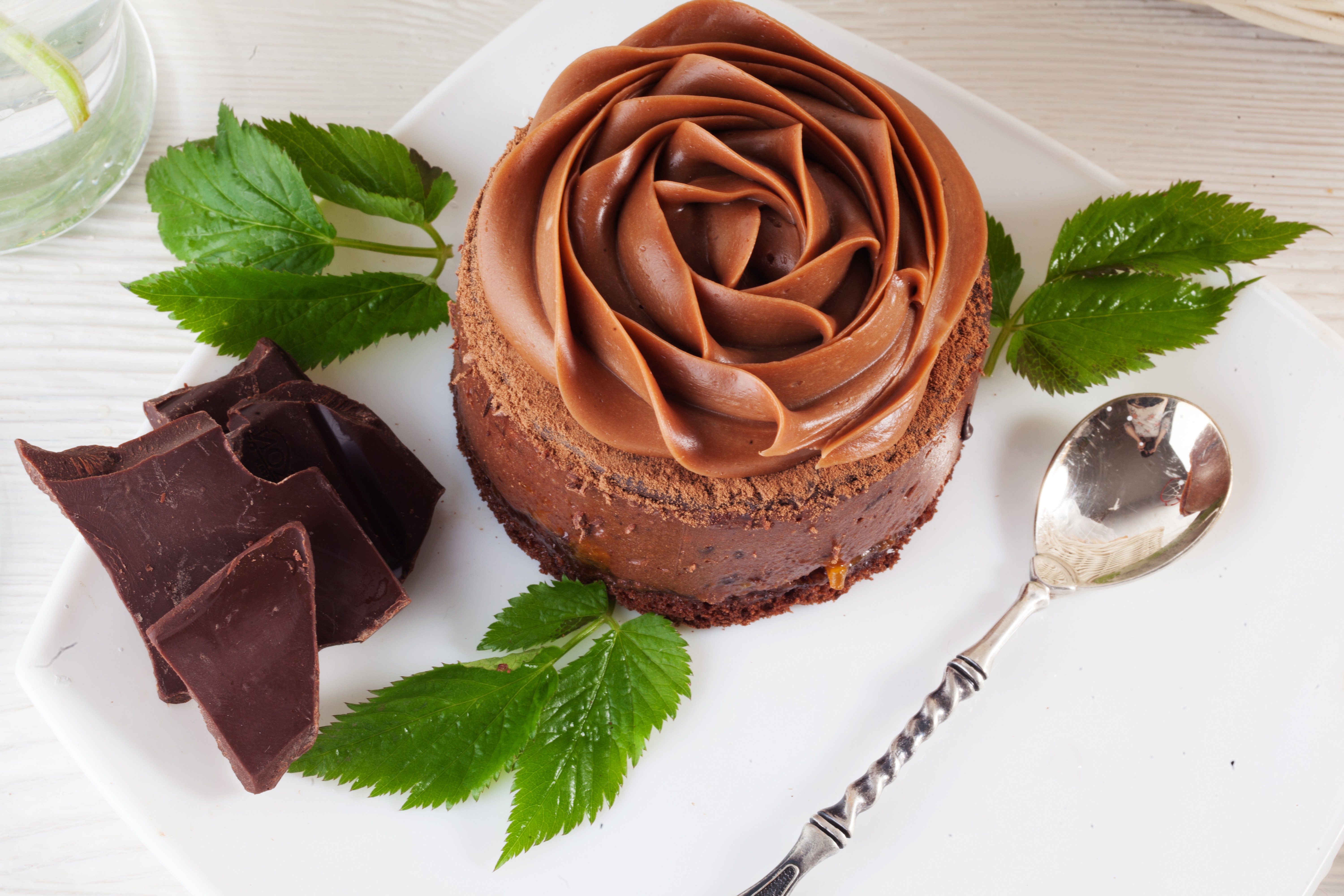 Chocolate cake with rose frosting and chocolate shards HD Wallpaper