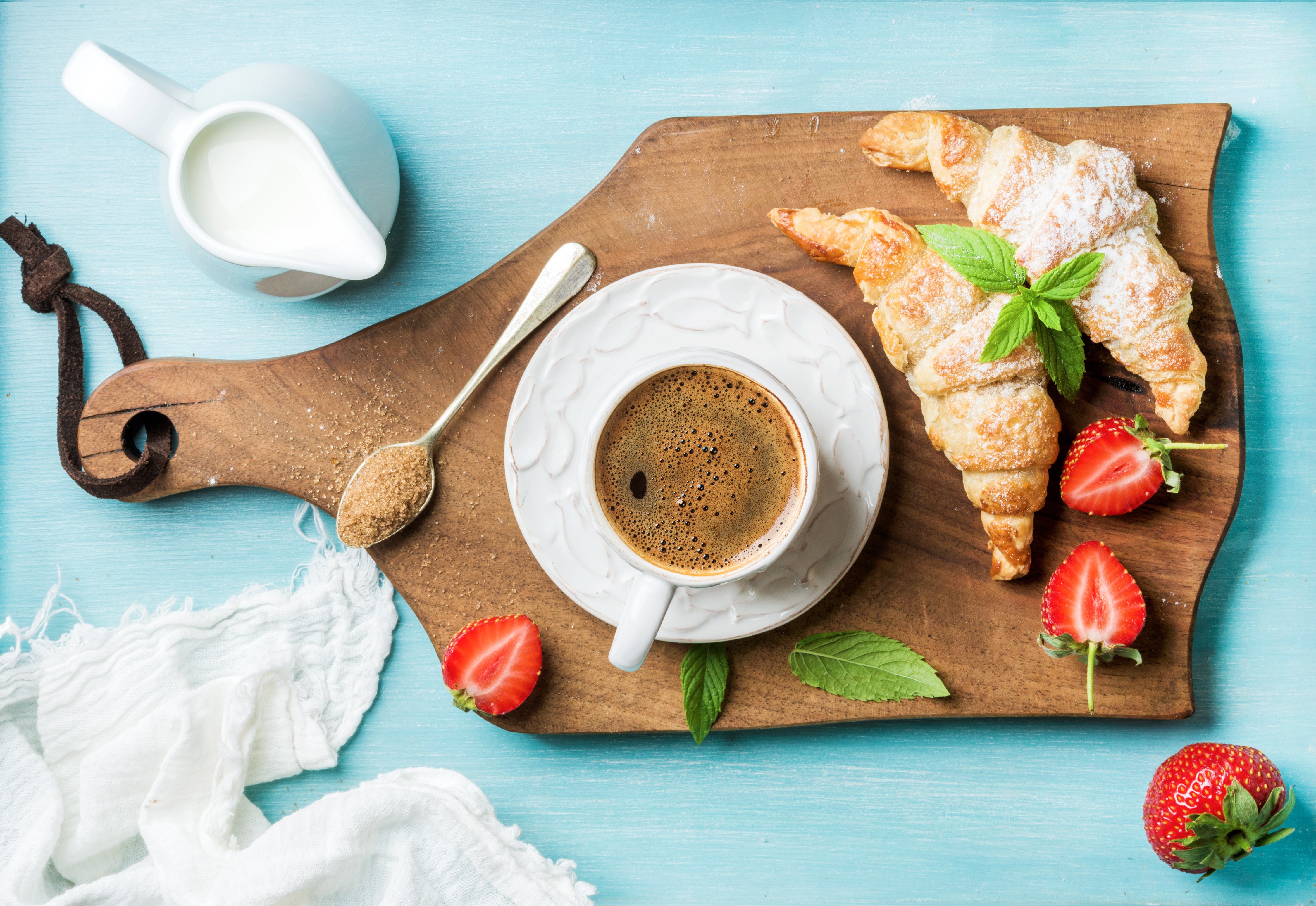 Coffee, Croissants, Strawberries, and Milk on a Cutting Board HD Wallpaper