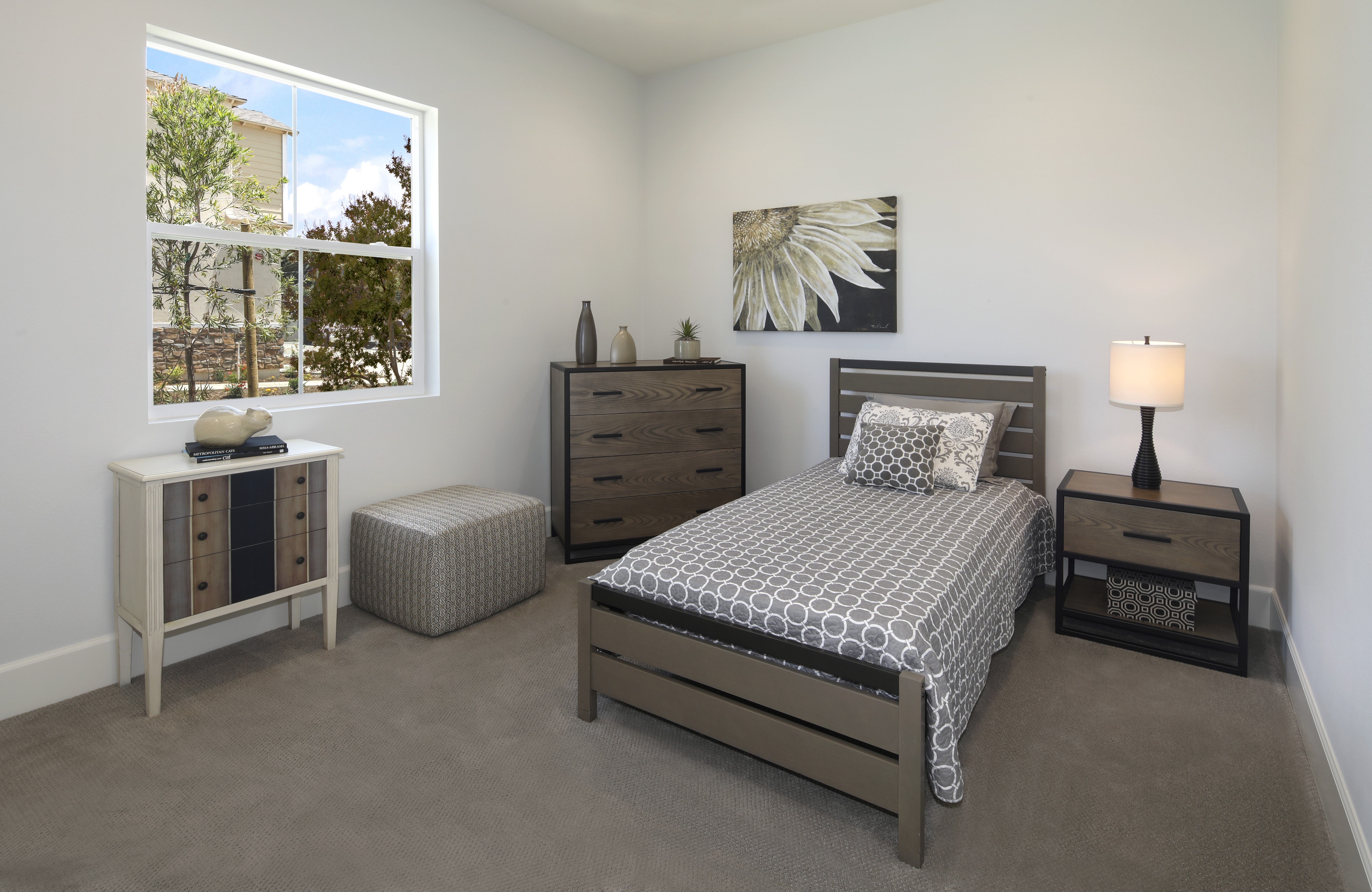 Bedroom with single bed, dresser, and window HD Wallpaper