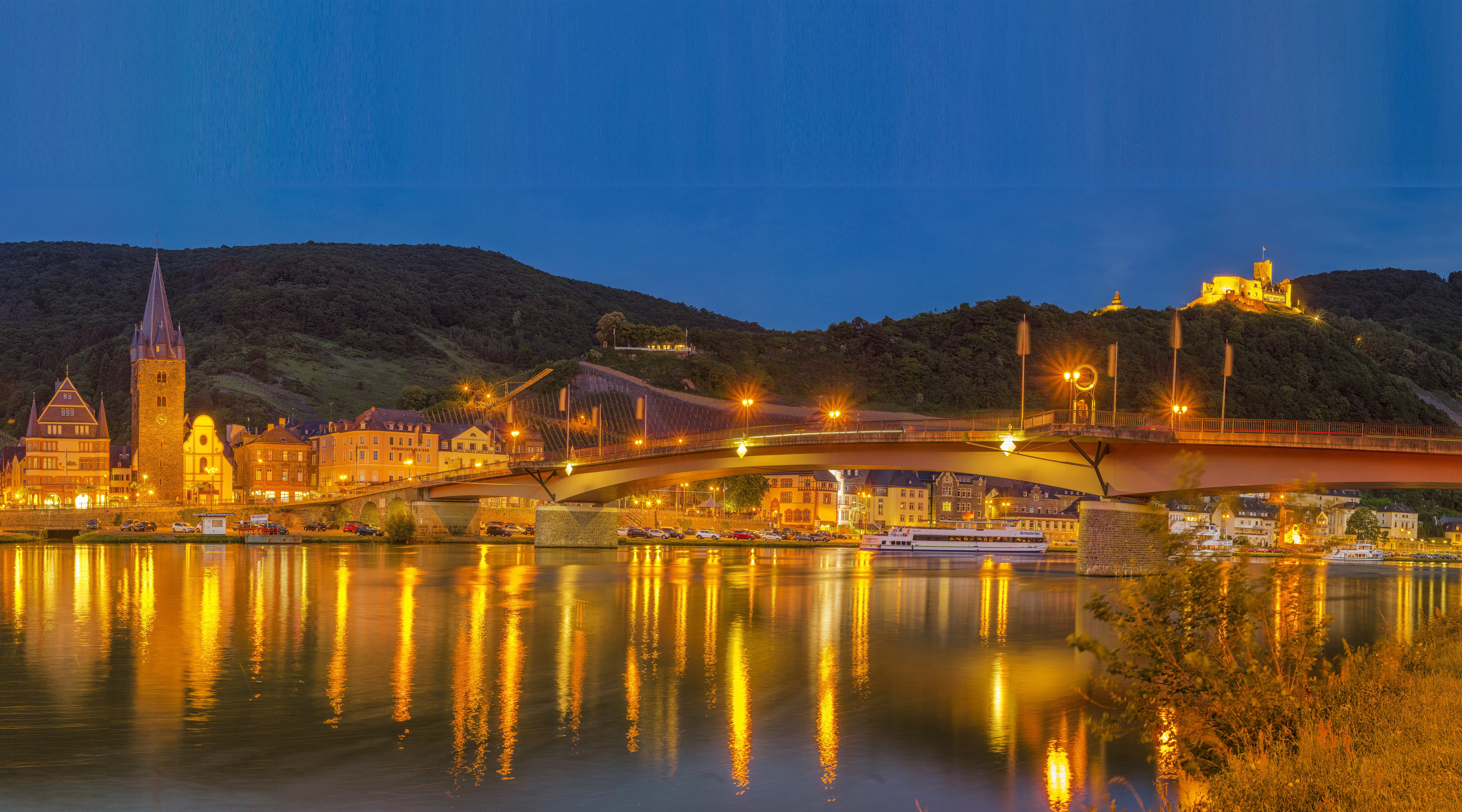 Bernkastel-Kues Germany River Bridge Evening Lights HD Wallpaper