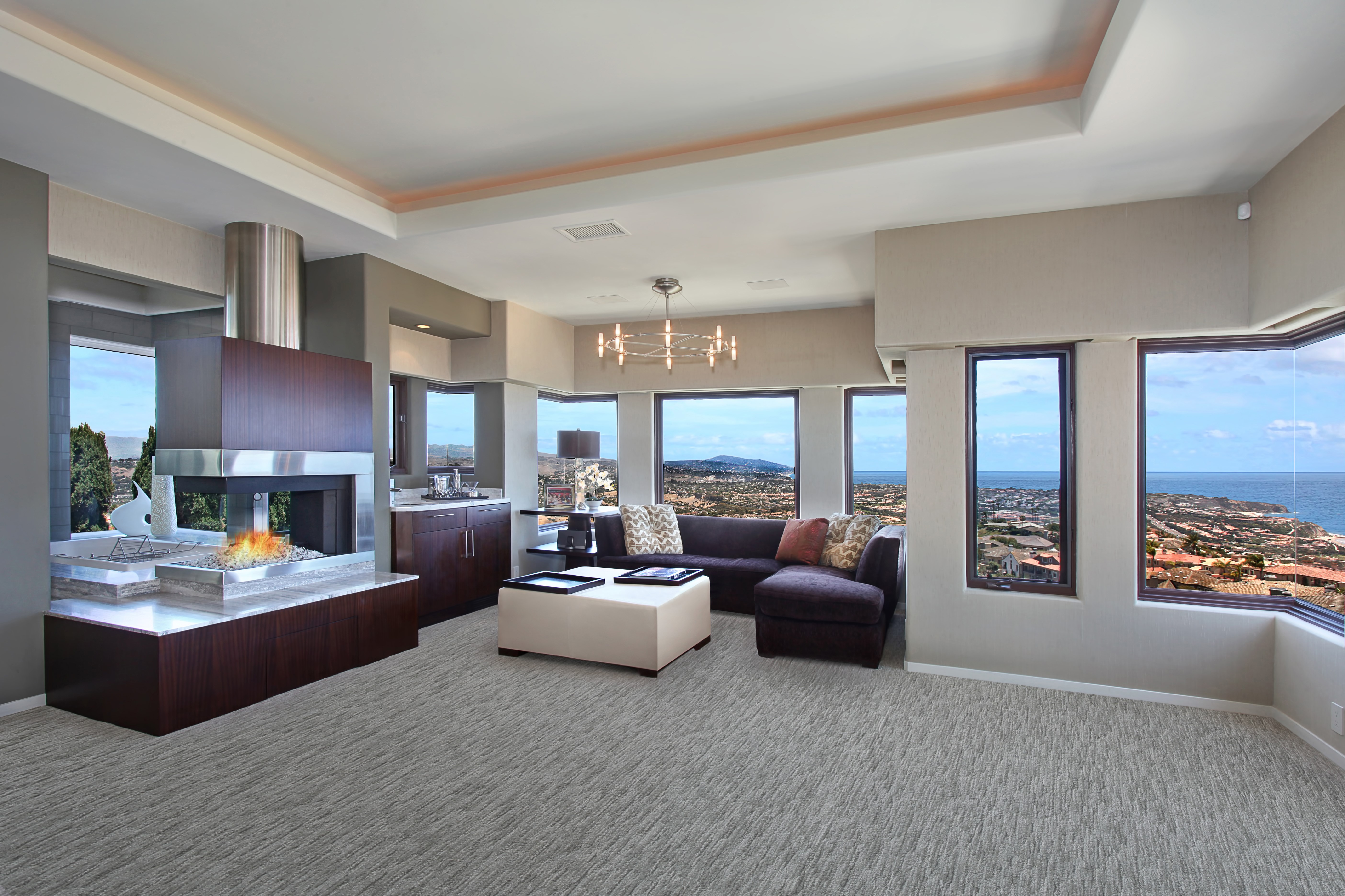 Modern Living Room with Fireplace and Ocean View HD Wallpaper