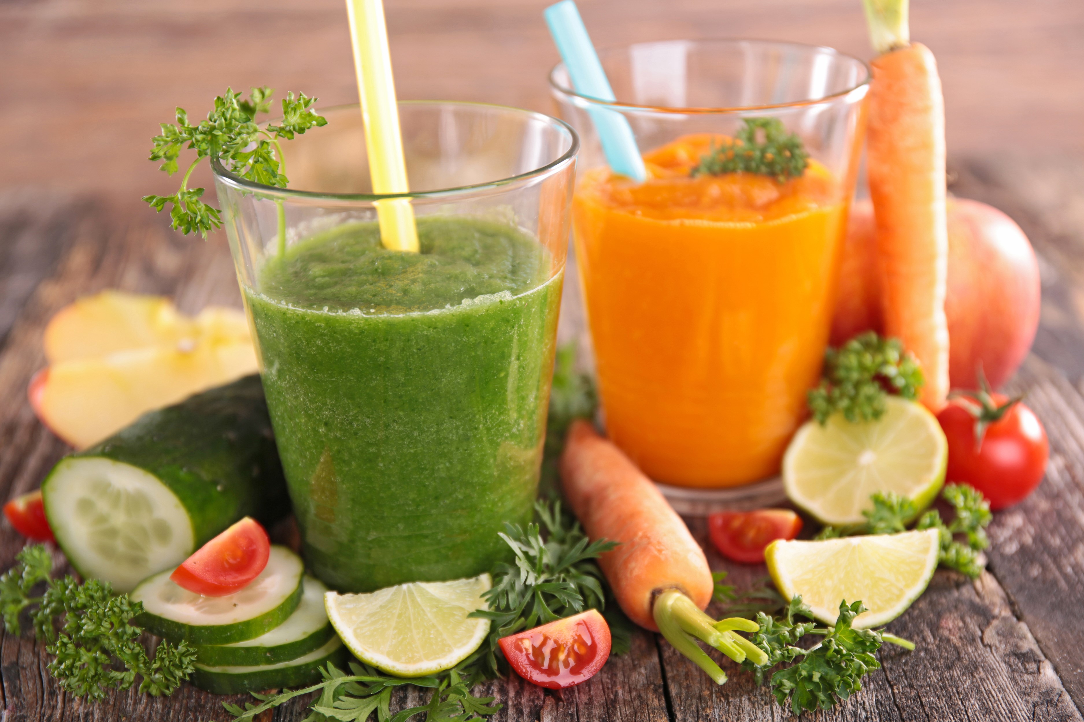 Green and Orange Smoothies with Fresh Ingredients HD Wallpaper