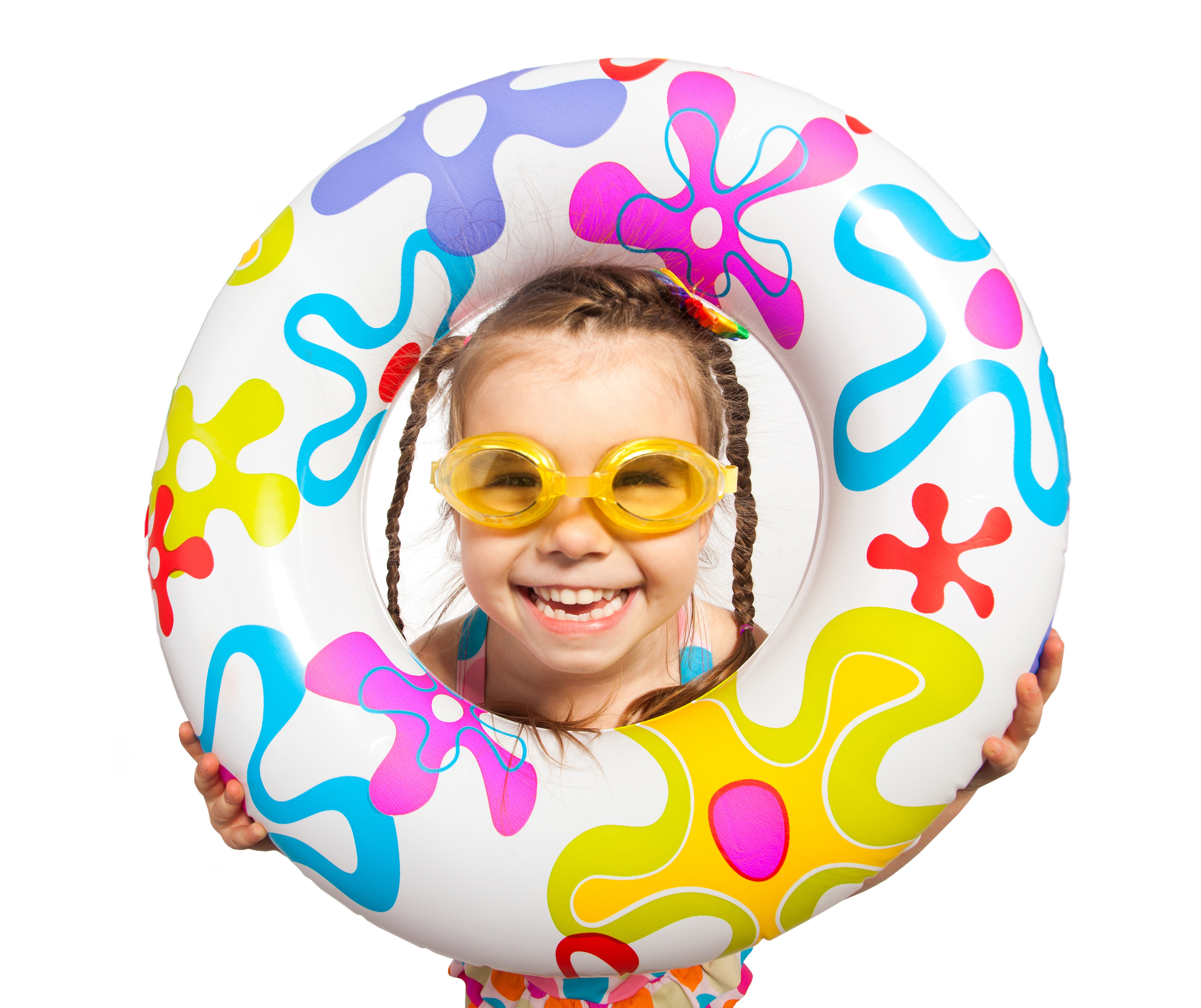 Little girl with goggles holding a colorful swim ring HD Wallpaper
