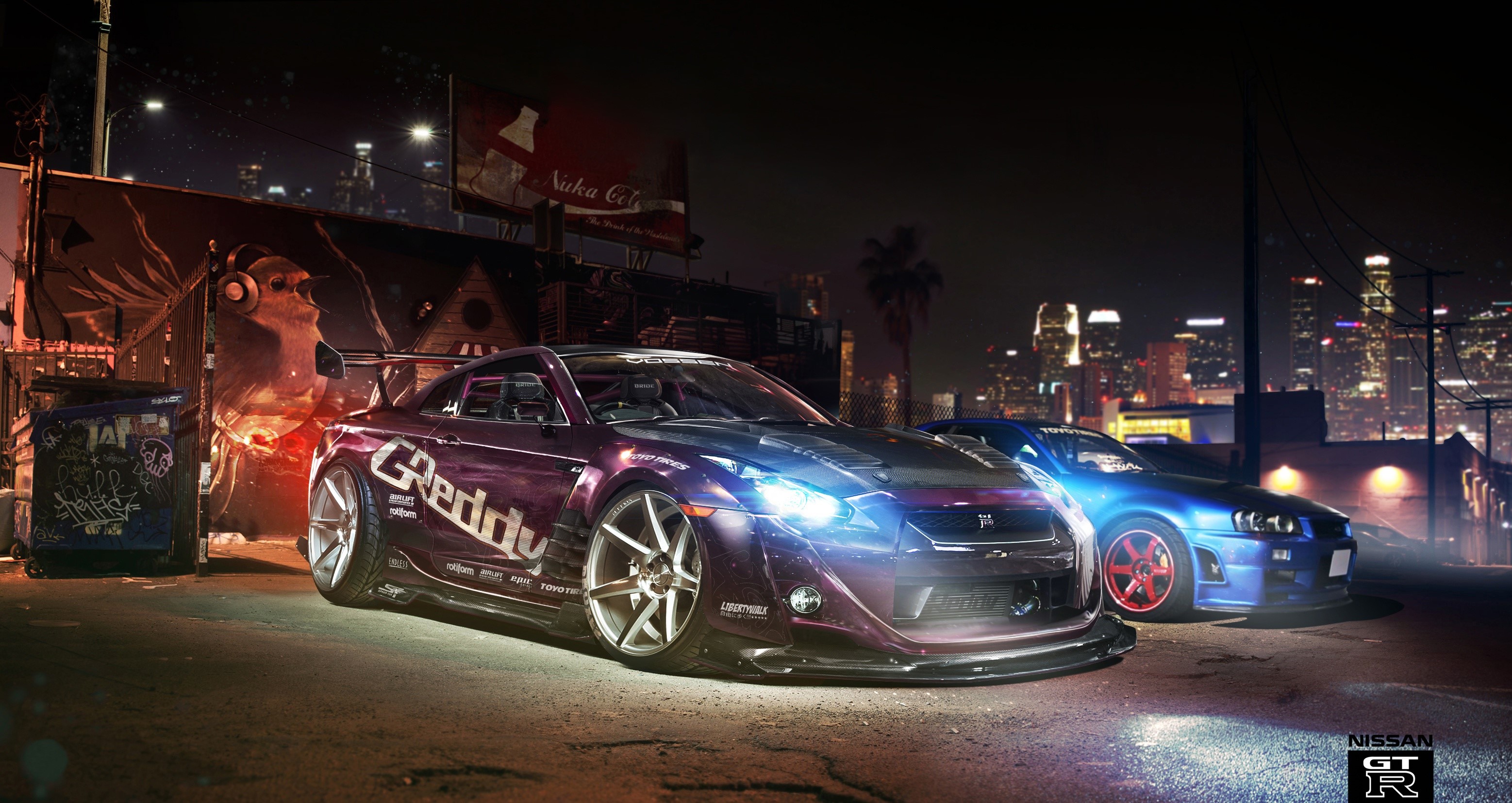 Tuned Nissan GTR cars at night in a city HD Wallpaper