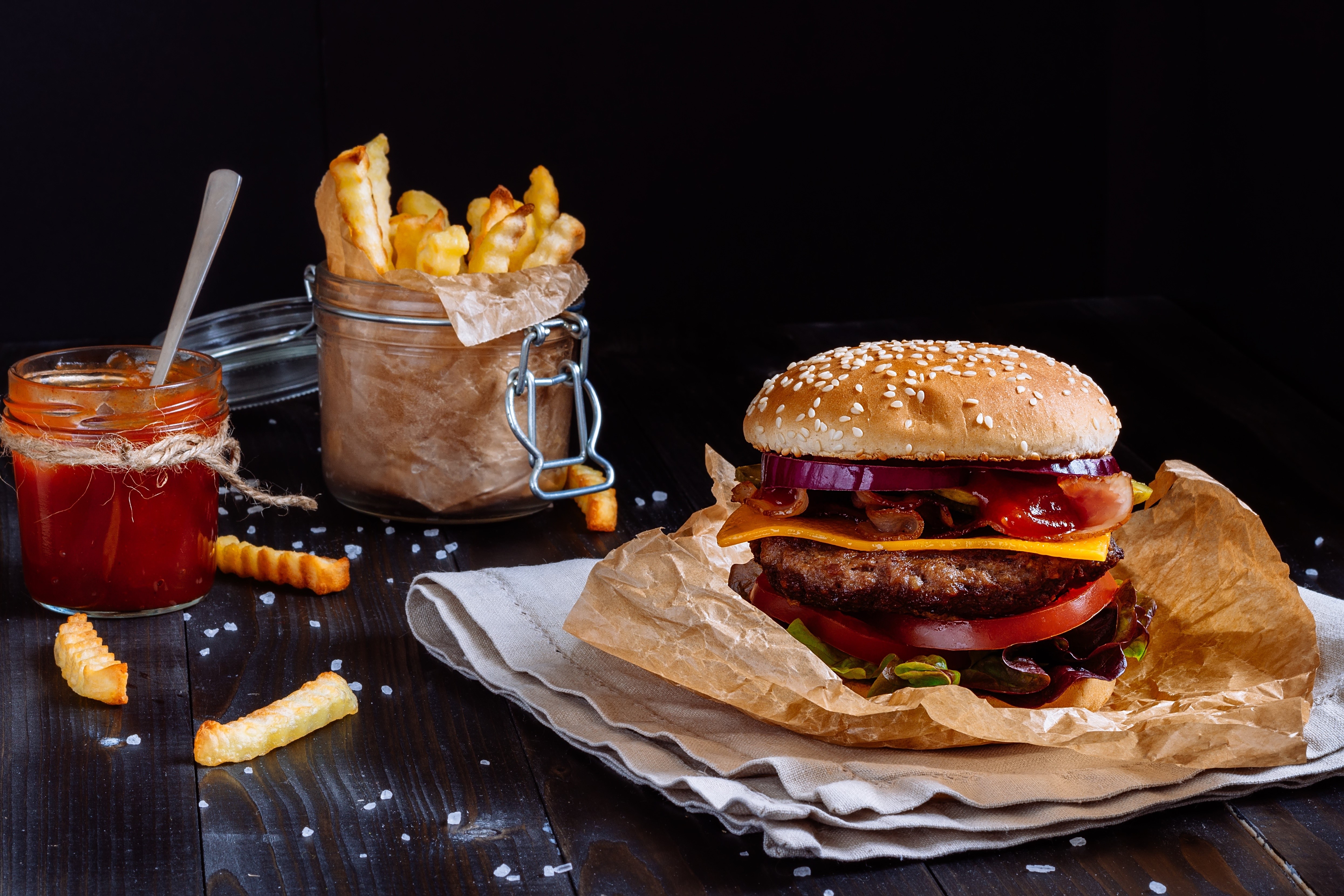 Hamburger and fries with ketchup HD Wallpaper