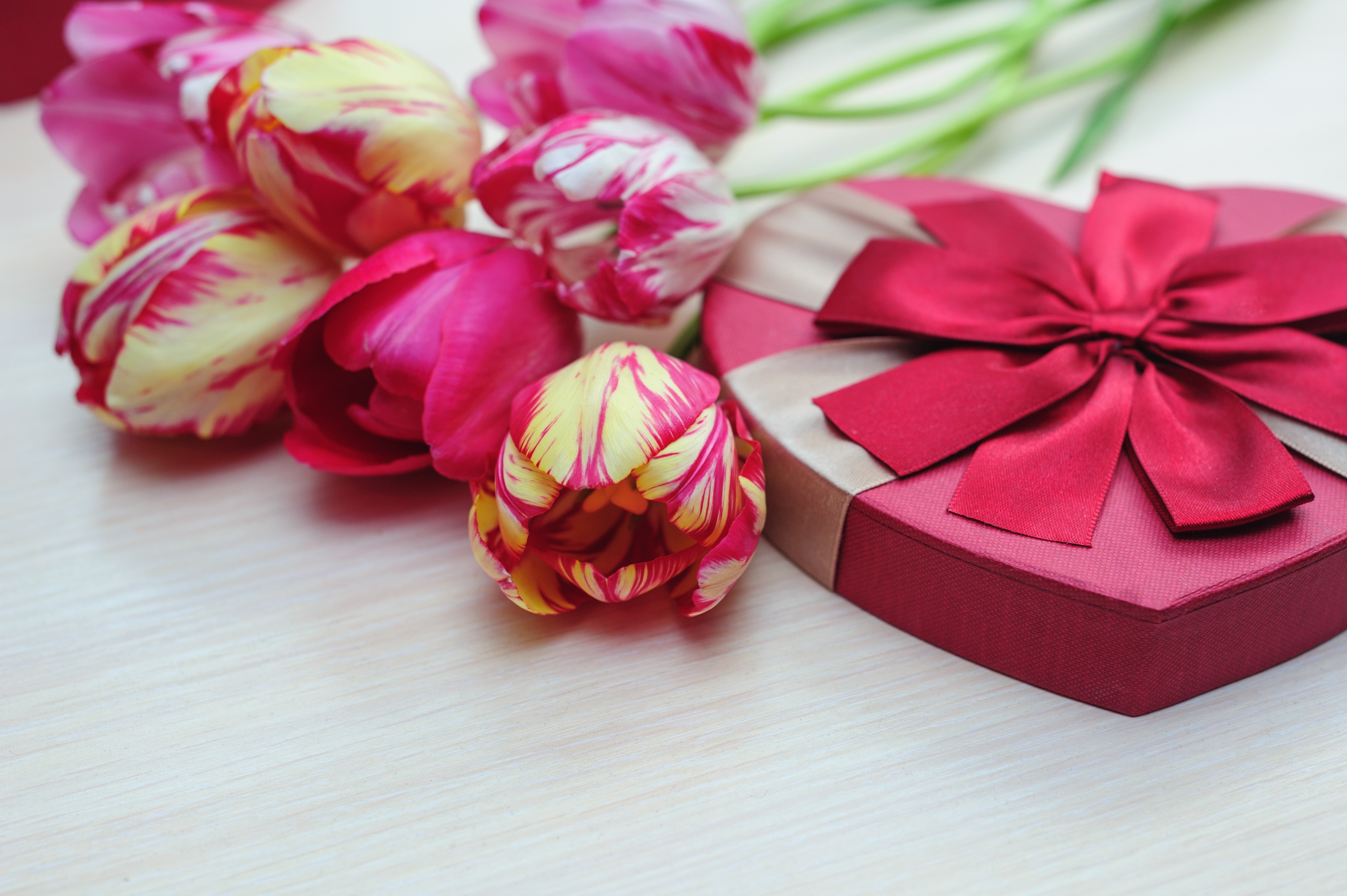 4K Tulips and Heart-Shaped Gift Box HD Wallpaper