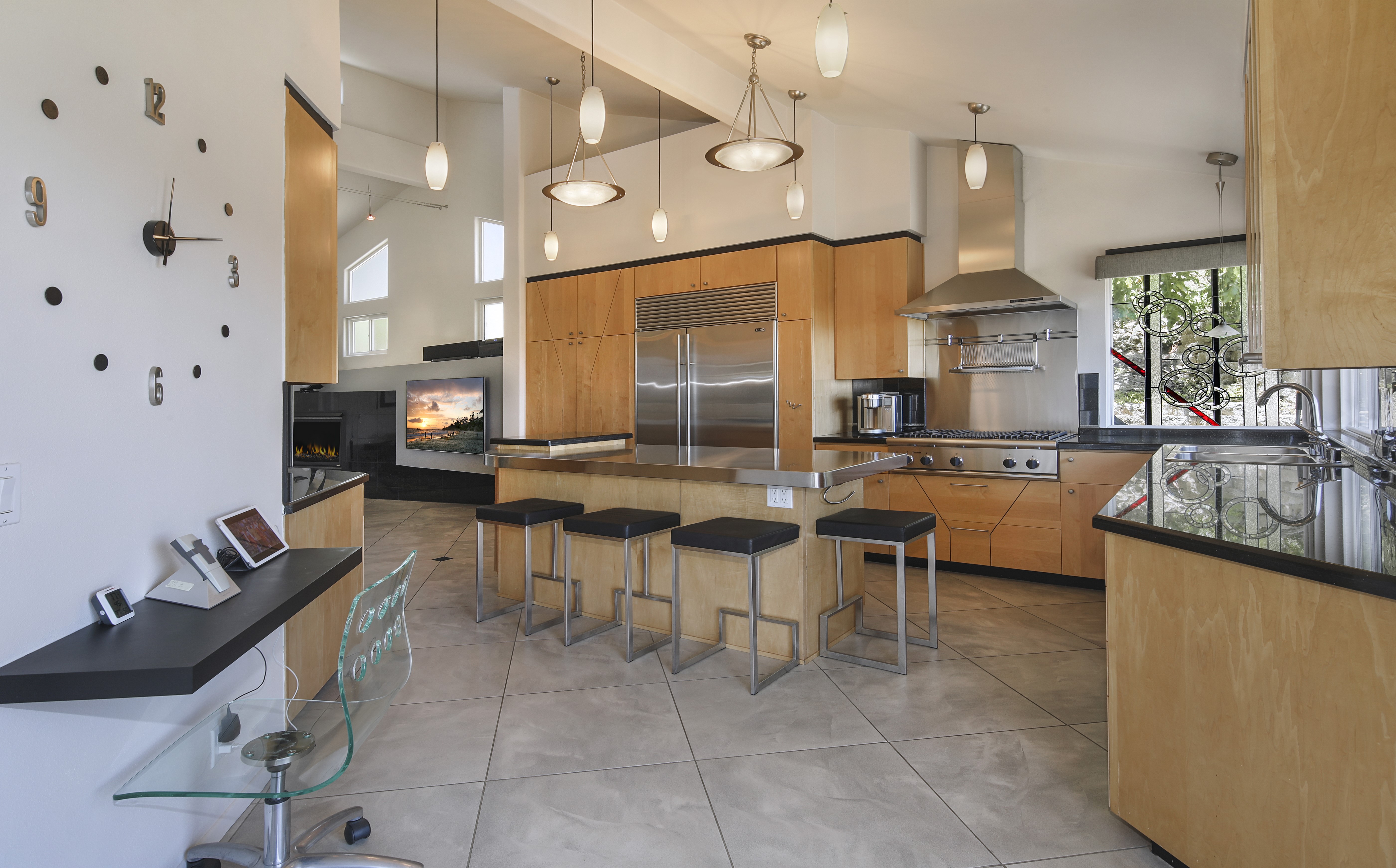Modern Kitchen with Island and Bar Stools HD Wallpaper