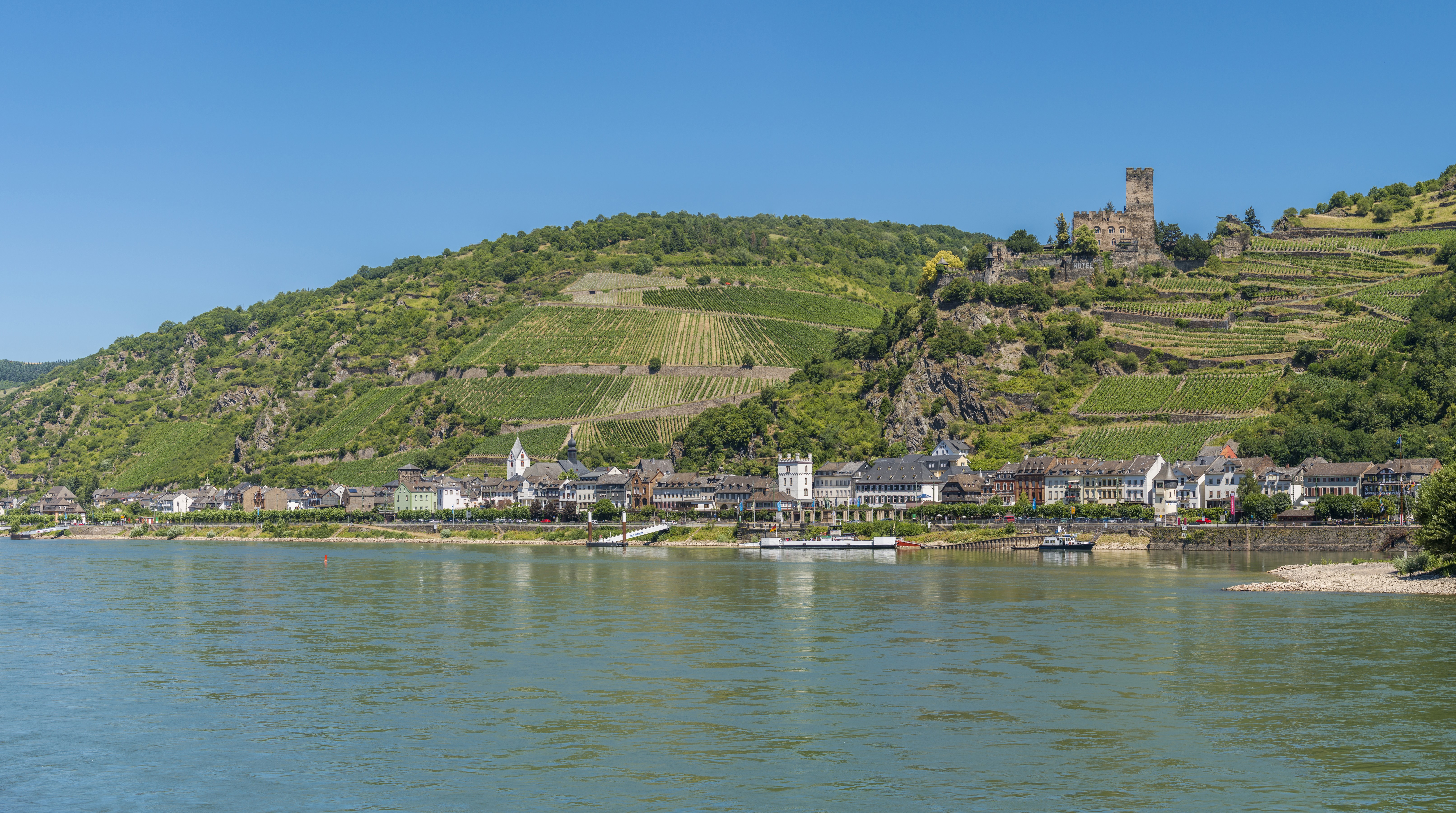 River town with castle and vineyards in Germany HD Wallpaper