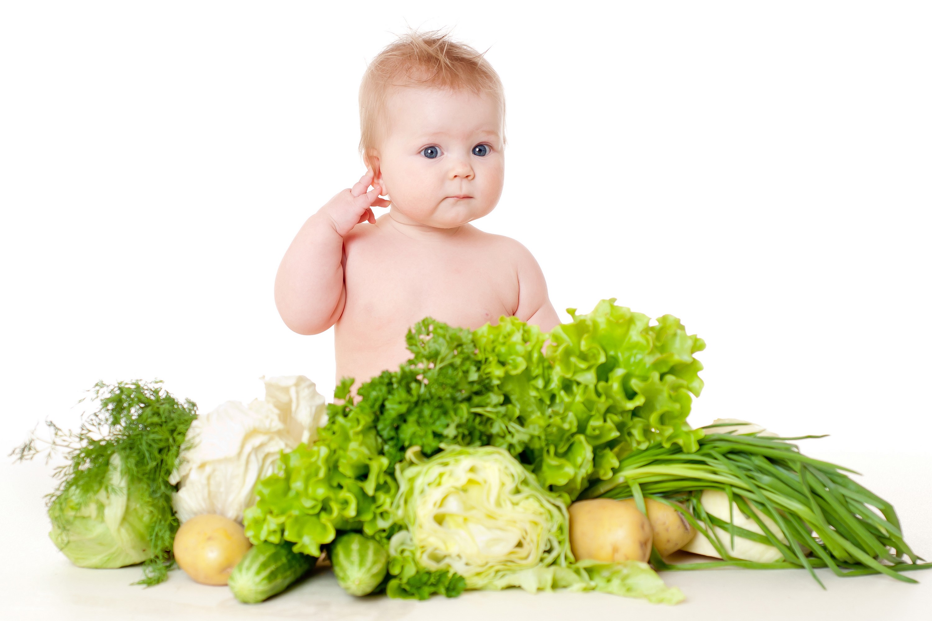 Baby with a variety of fresh vegetables HD Wallpaper