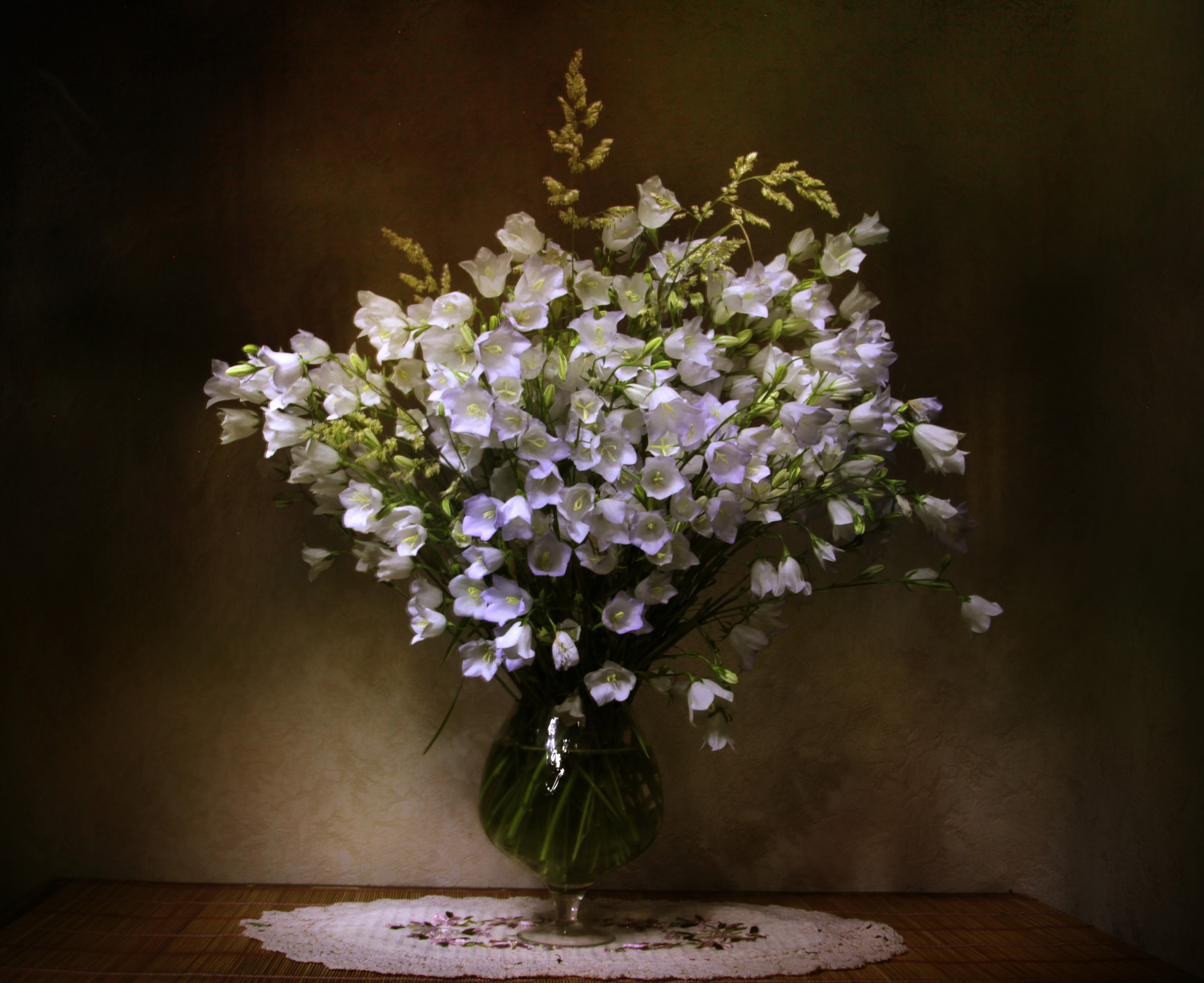 Bouquet of white bellflowers in a glass vase HD Wallpaper
