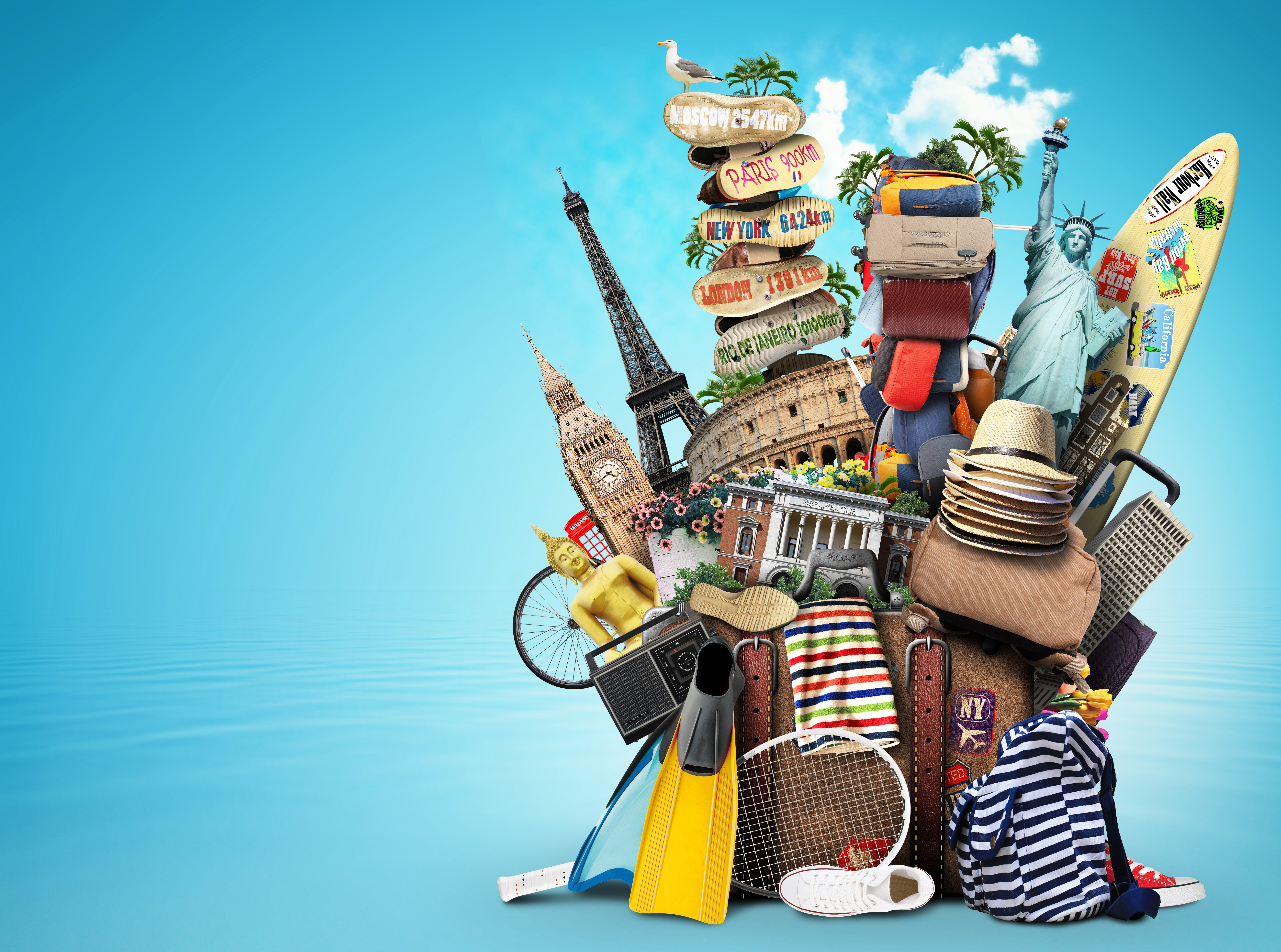 Travel collage with landmarks and luggage HD Wallpaper