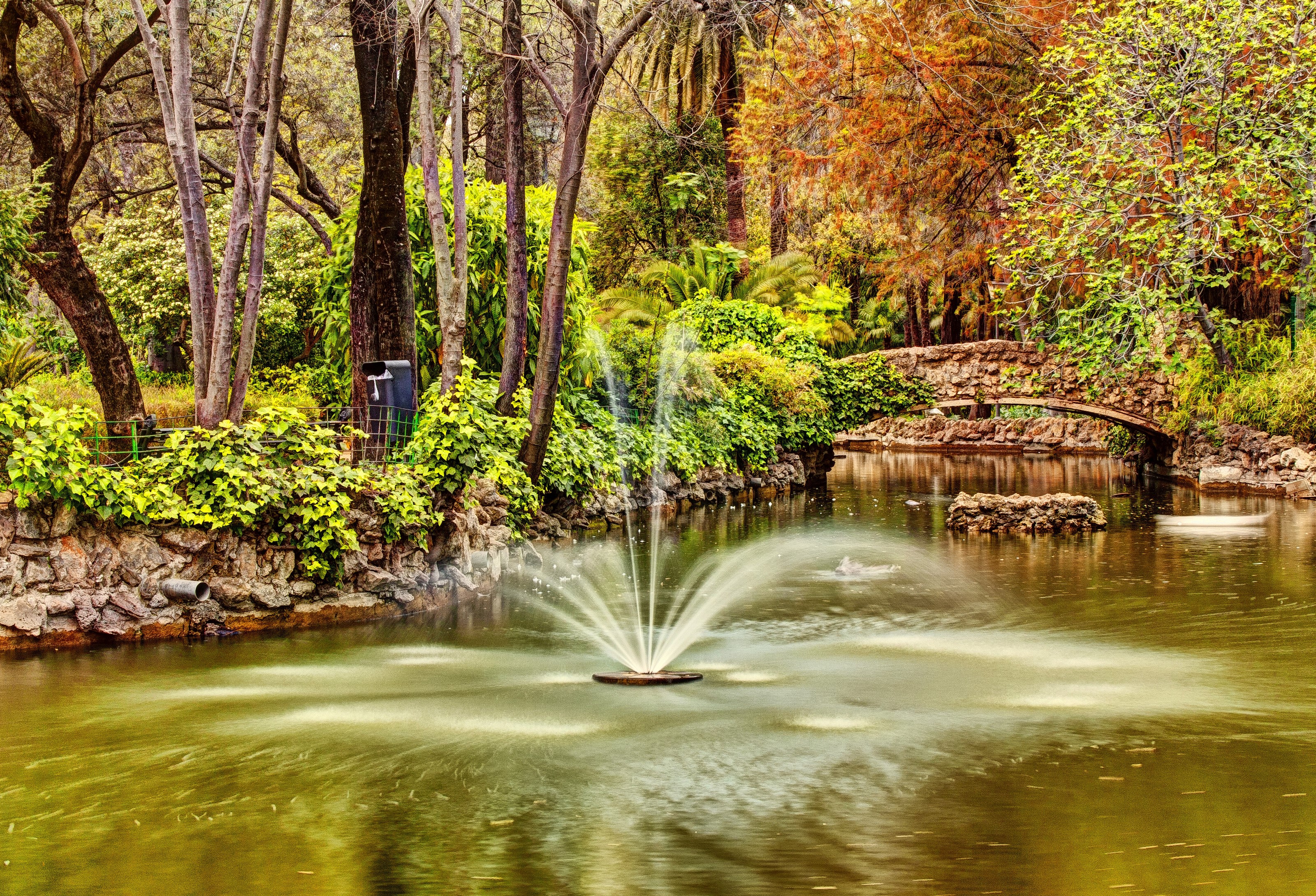 Fountain in a pond at Maria Luisa Park, Seville, Spain HD Wallpaper