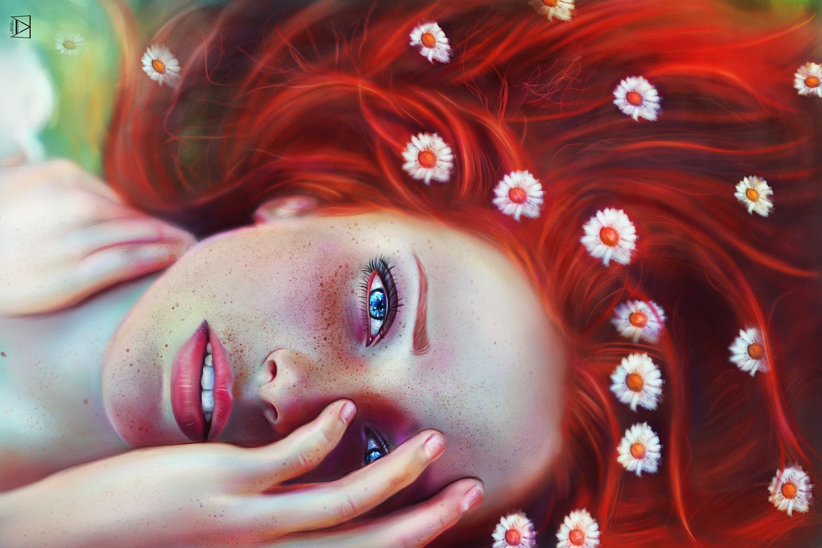 Redhead girl with camomiles in her hair HD Wallpaper