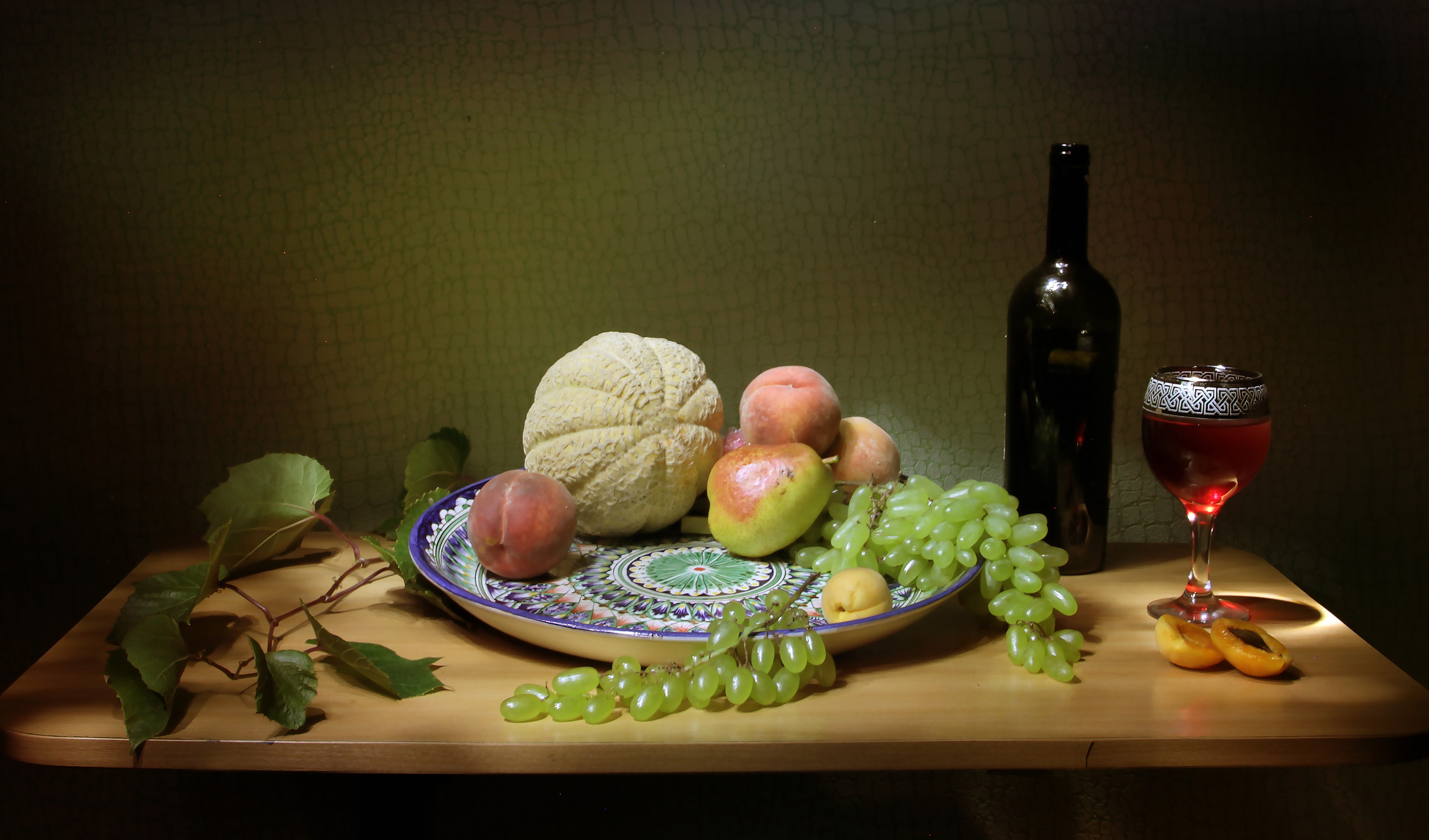 Still life with wine, grapes, peaches, pears, and melon HD Wallpaper