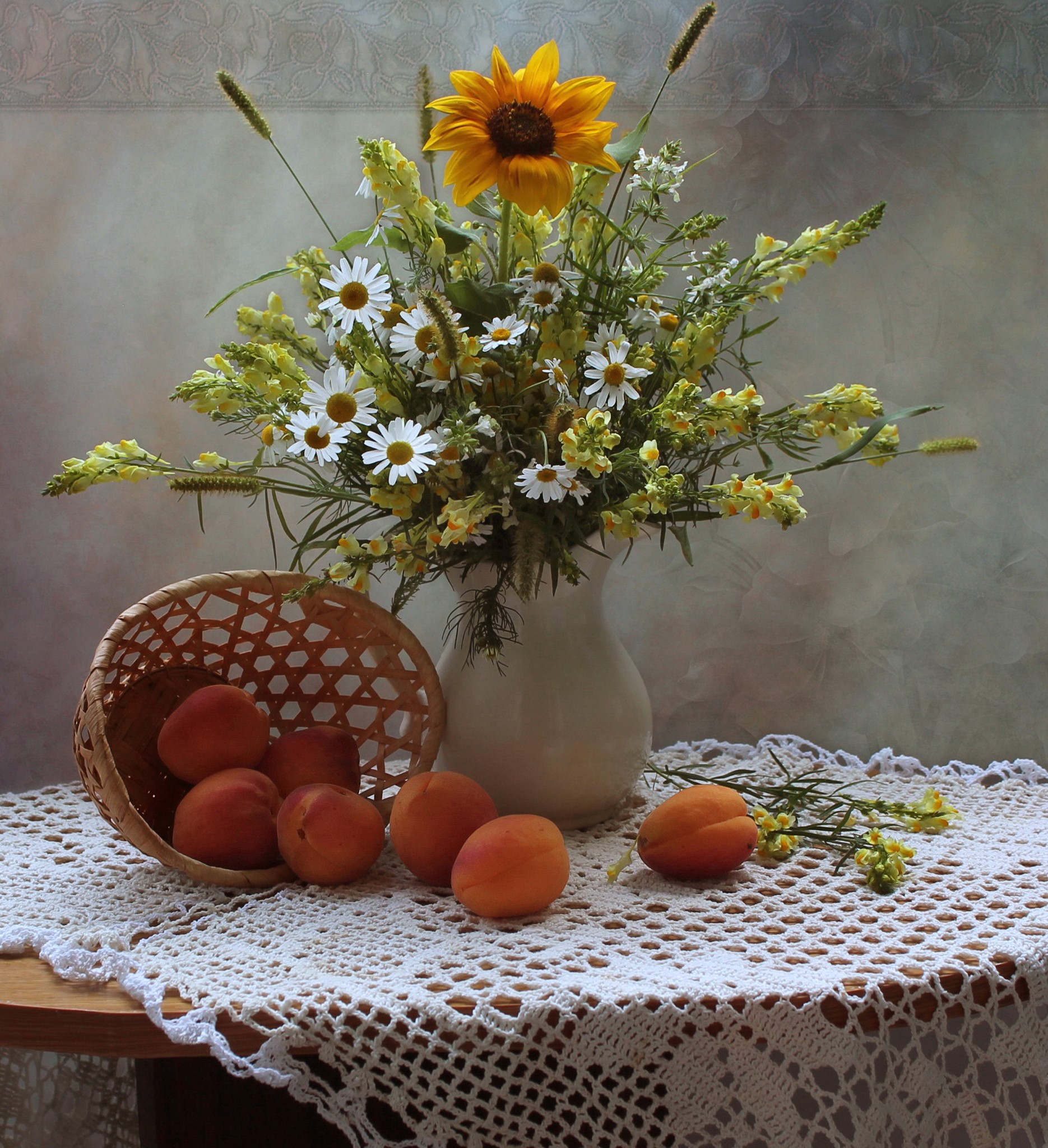 Still life with sunflowers, daisies, apricots, and a vase HD Wallpaper