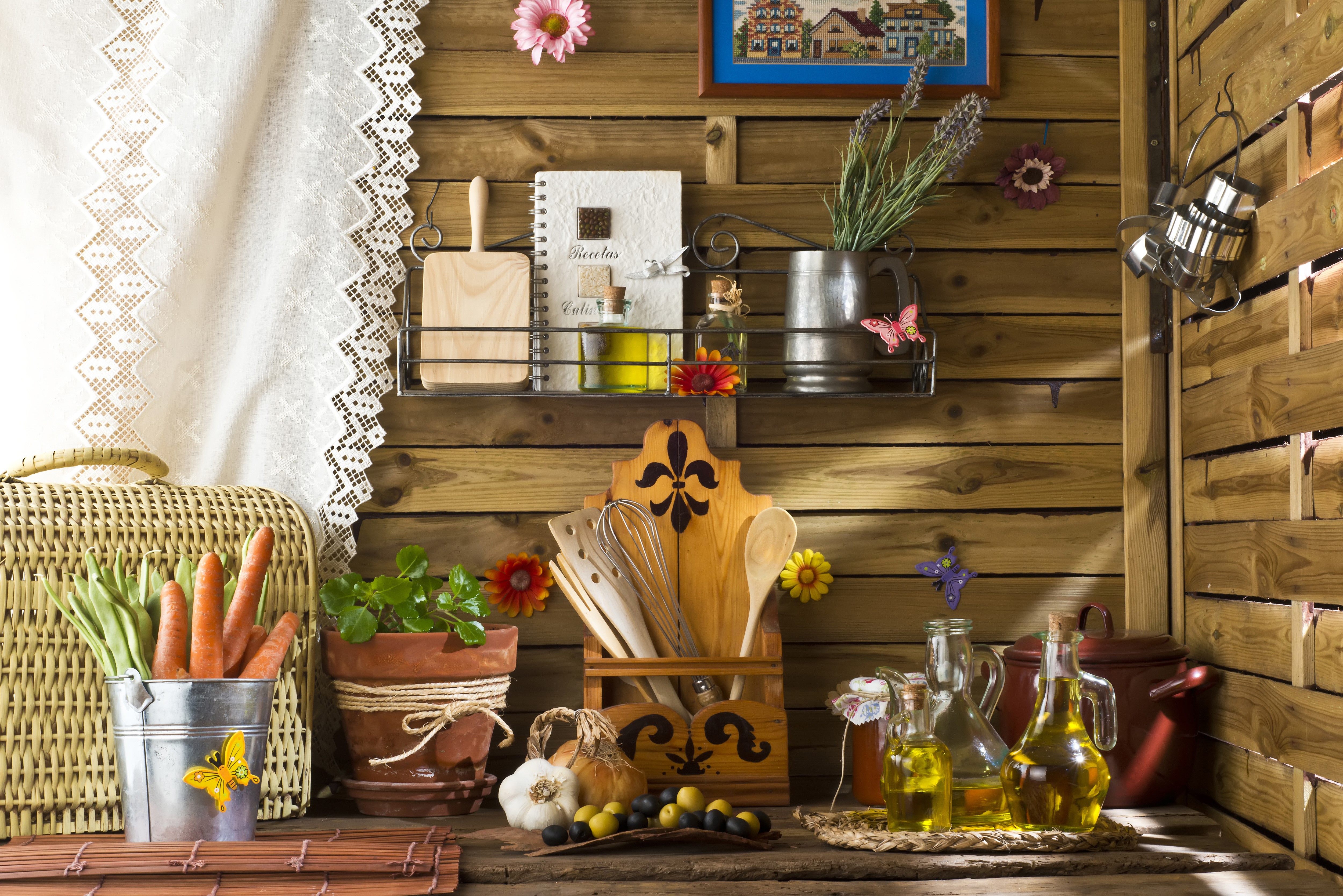 Kitchen still life with vegetables and oils HD Wallpaper