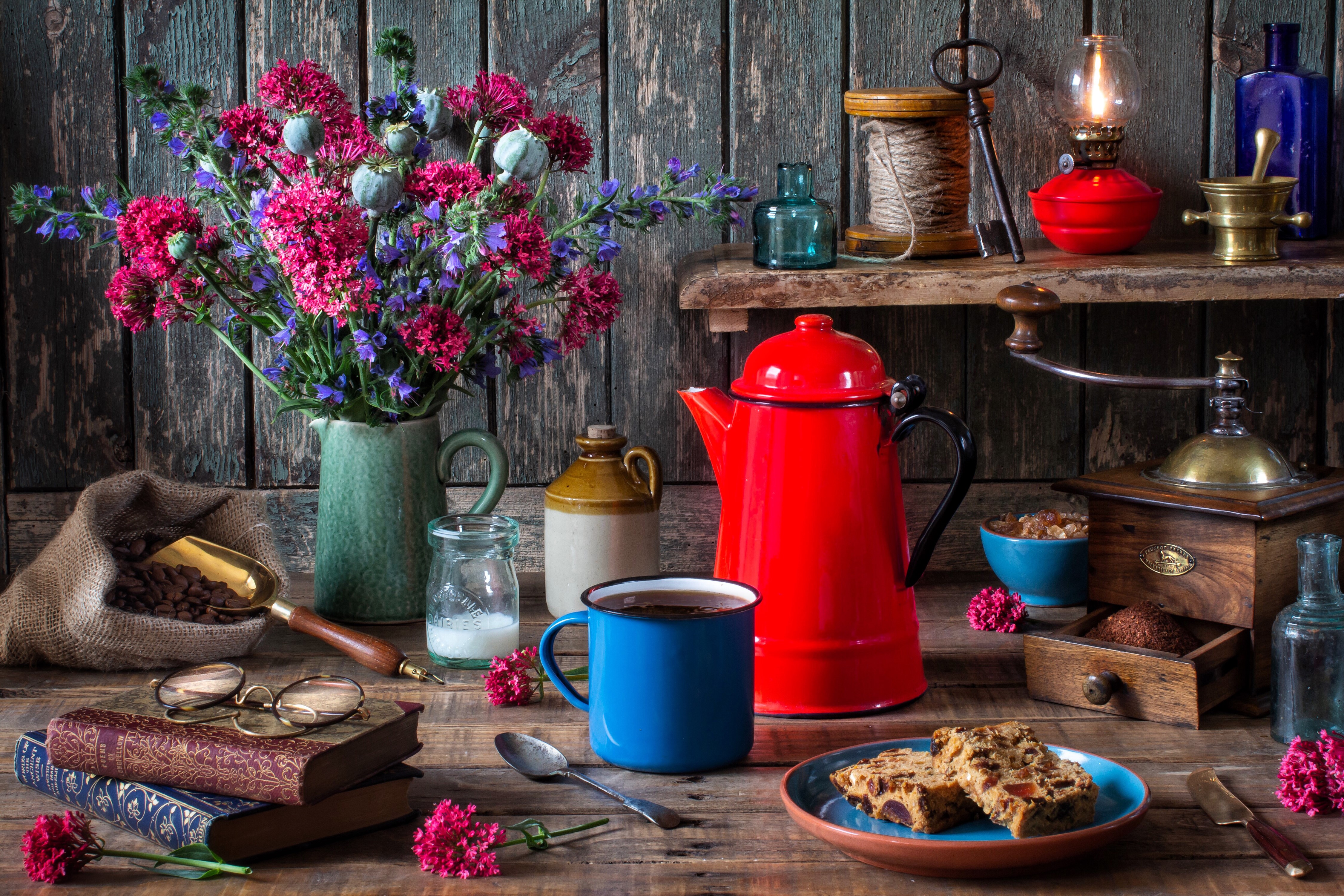 Still-life with flowers, coffee, and books HD Wallpaper